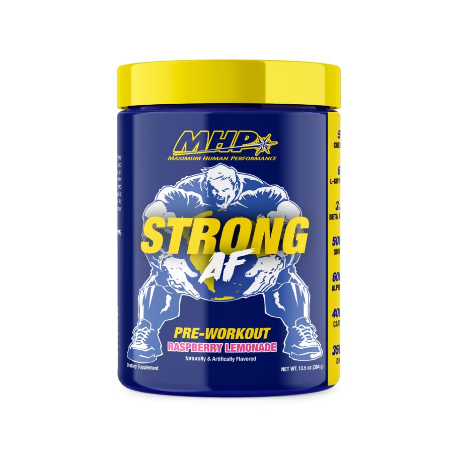 MHP Strong AF envase frontal mostrando etiqueta y sabor frambuesa-limón, refuerza confianza