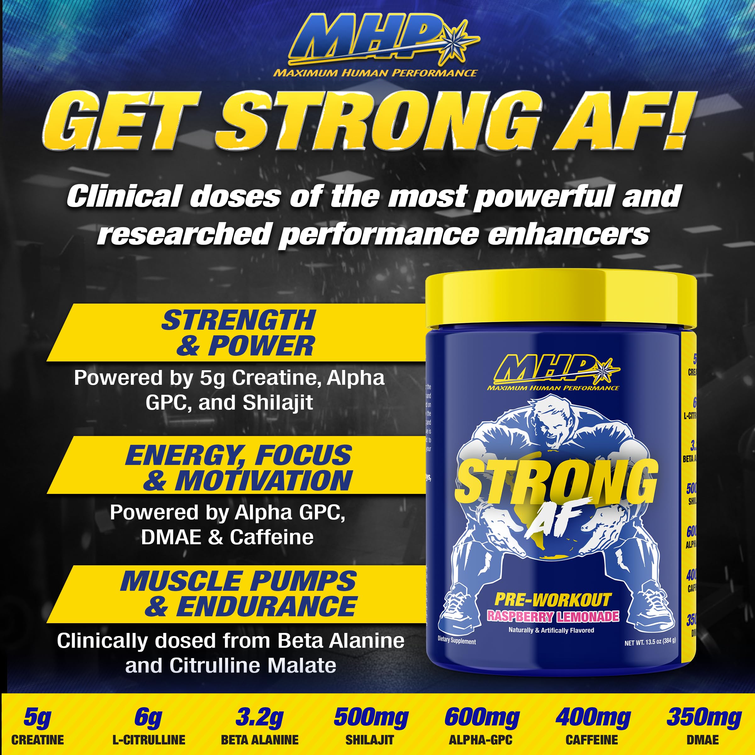 MHP Strong AF cuchara con una porción, muestra dosificación clínica clara