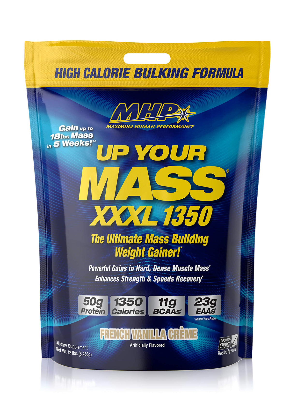 MHP Up Your Mass XXXL frontal mostrando envase y aporte calórico alto