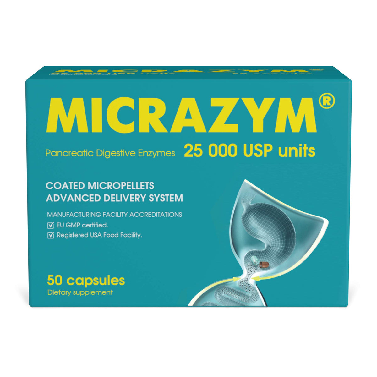 Micrazym frasco frontal mostrando 50 cápsulas y diseño claro