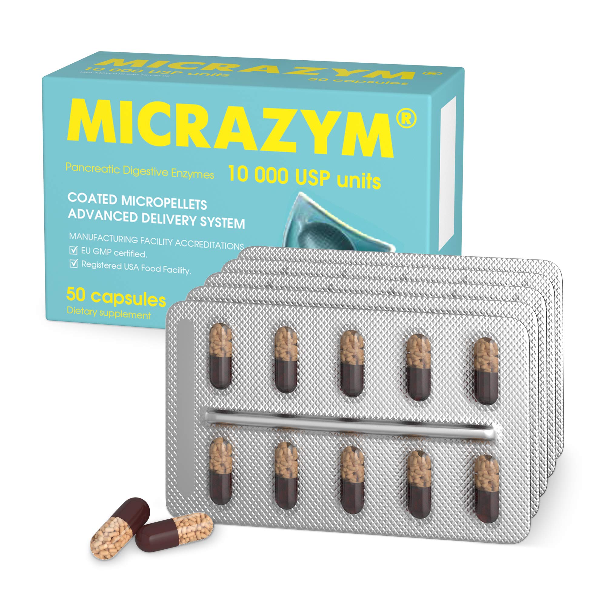 Micrazym micropellets enterocubiertos en primer plano, protección ácida visible