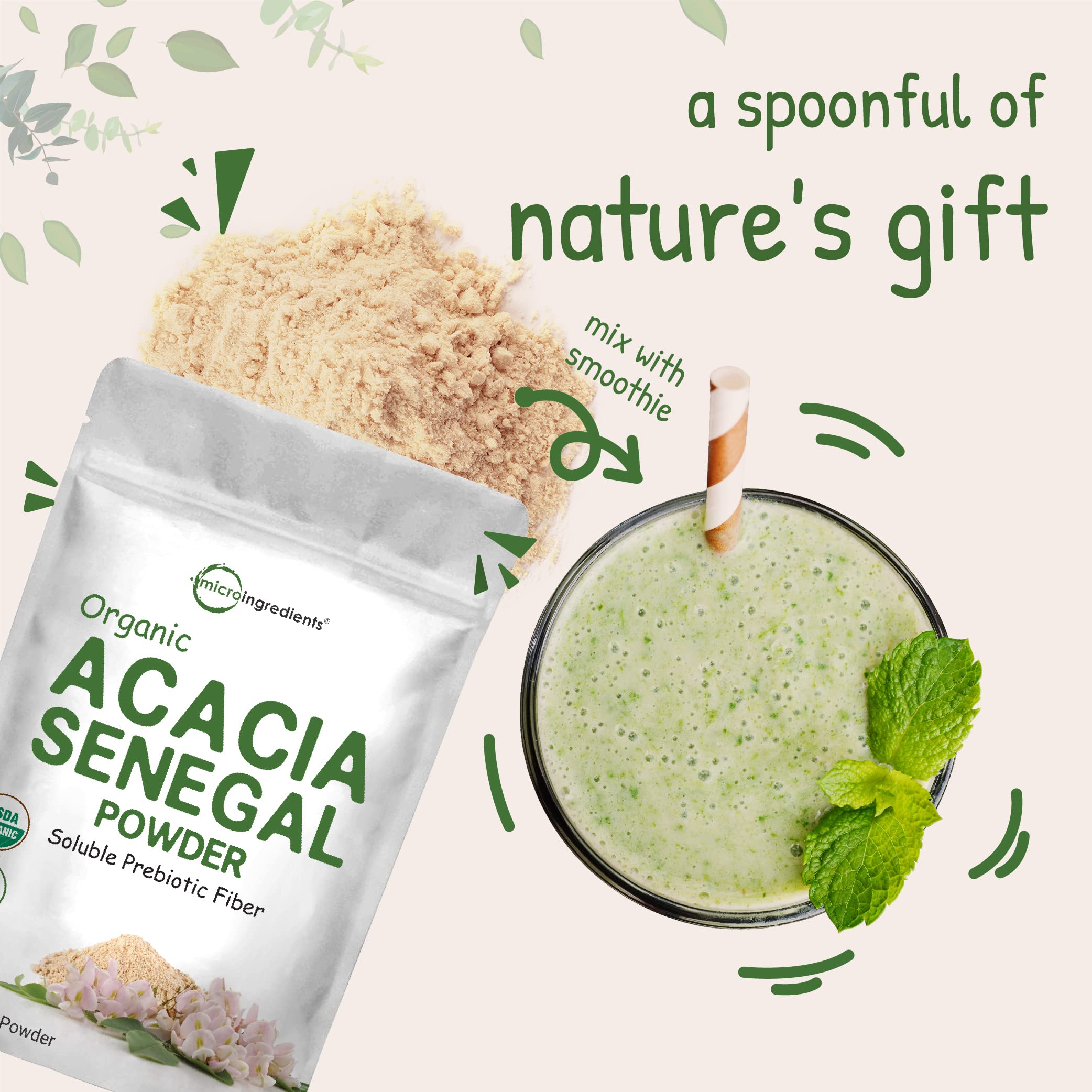Micro Ingredients etiqueta de Acacia Senegal mostrando certificación orgánica y no GMO