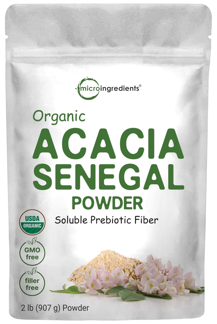 Micro Ingredients paquete frontal de Acacia Senegal, presentación clara y tamaño 2 lb