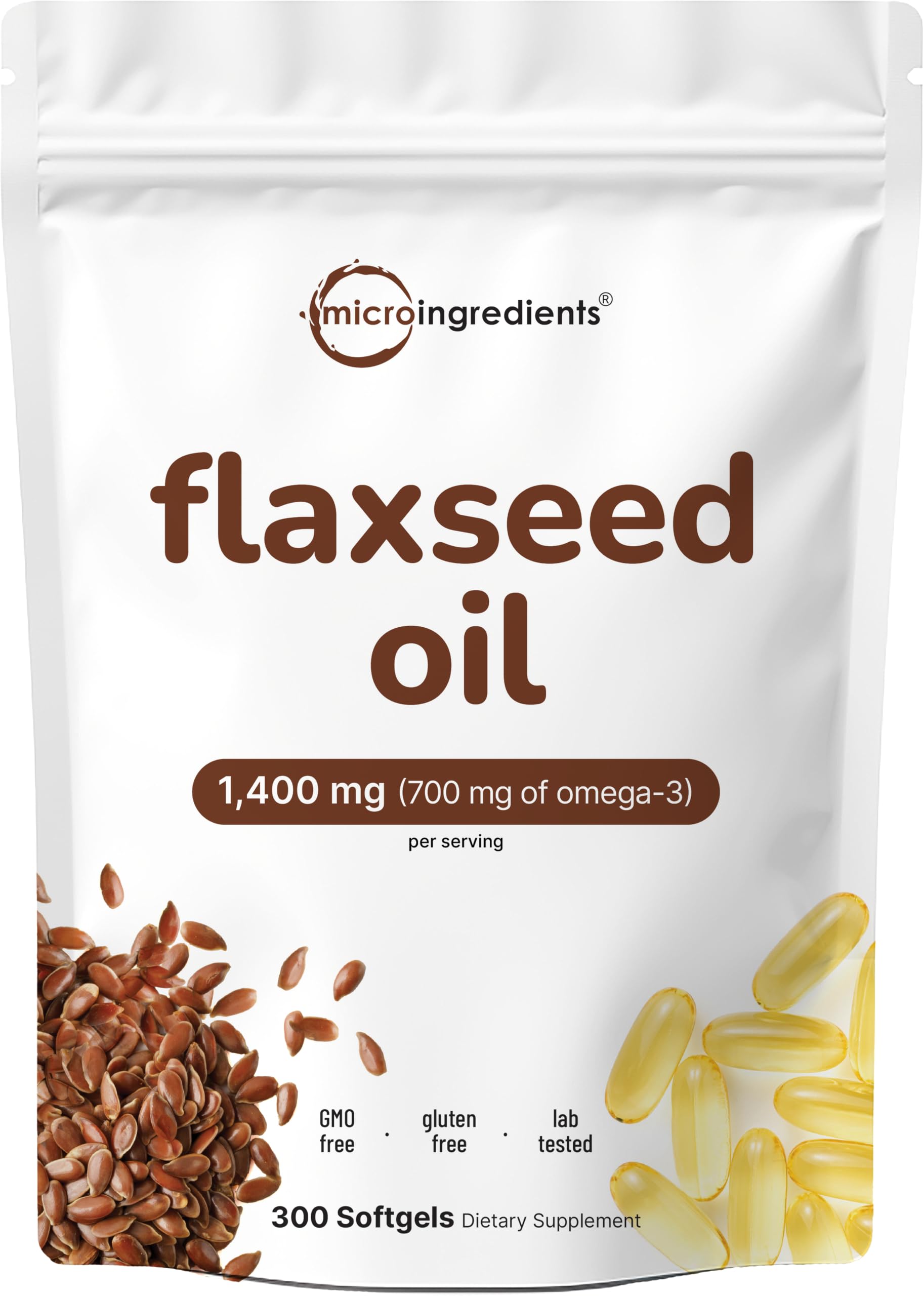 Micro Ingredients envase frontal del aceite de linaza con información clara y beneficio vegetal