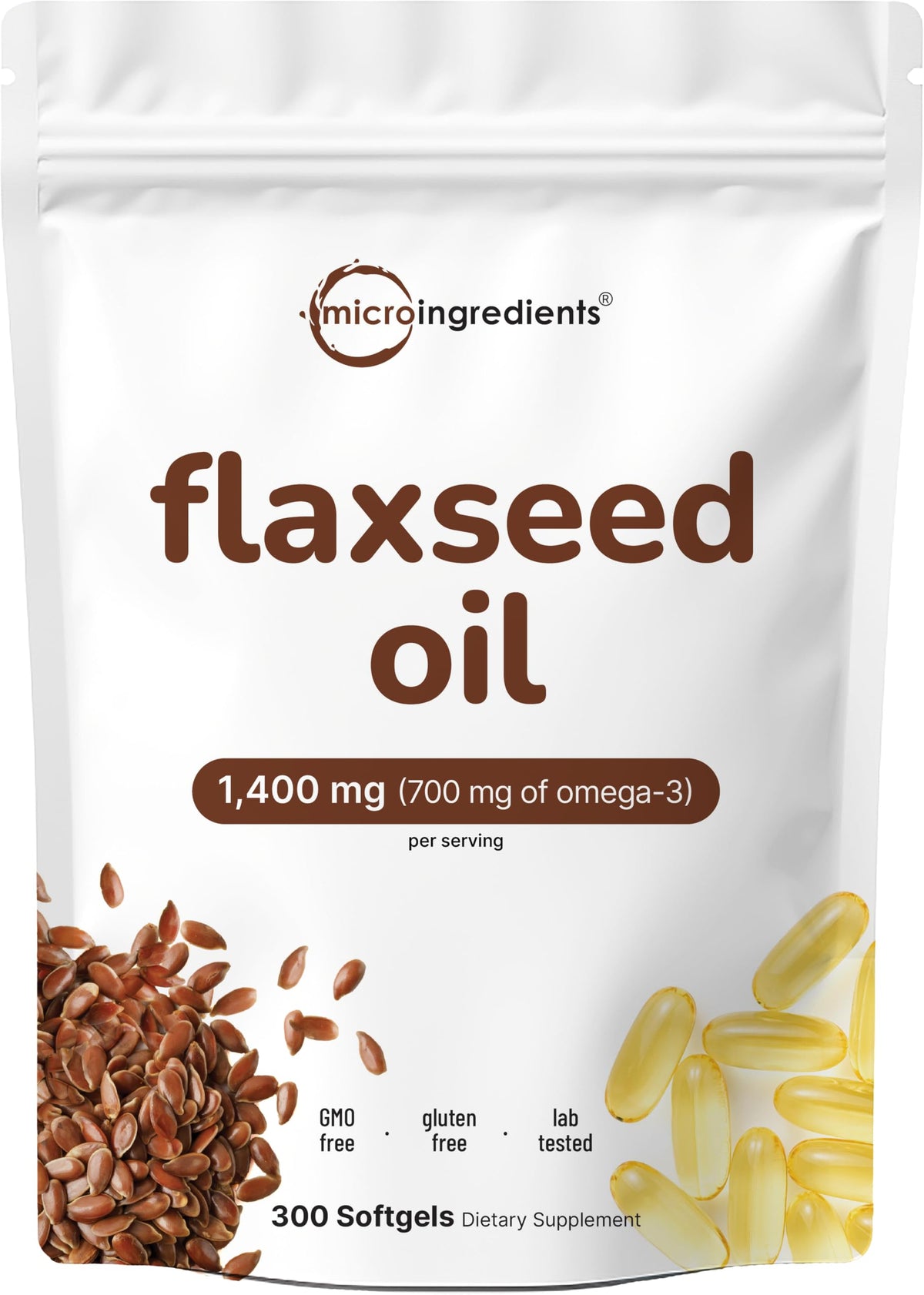 Micro Ingredients envase frontal del aceite de linaza con información clara y beneficio vegetal