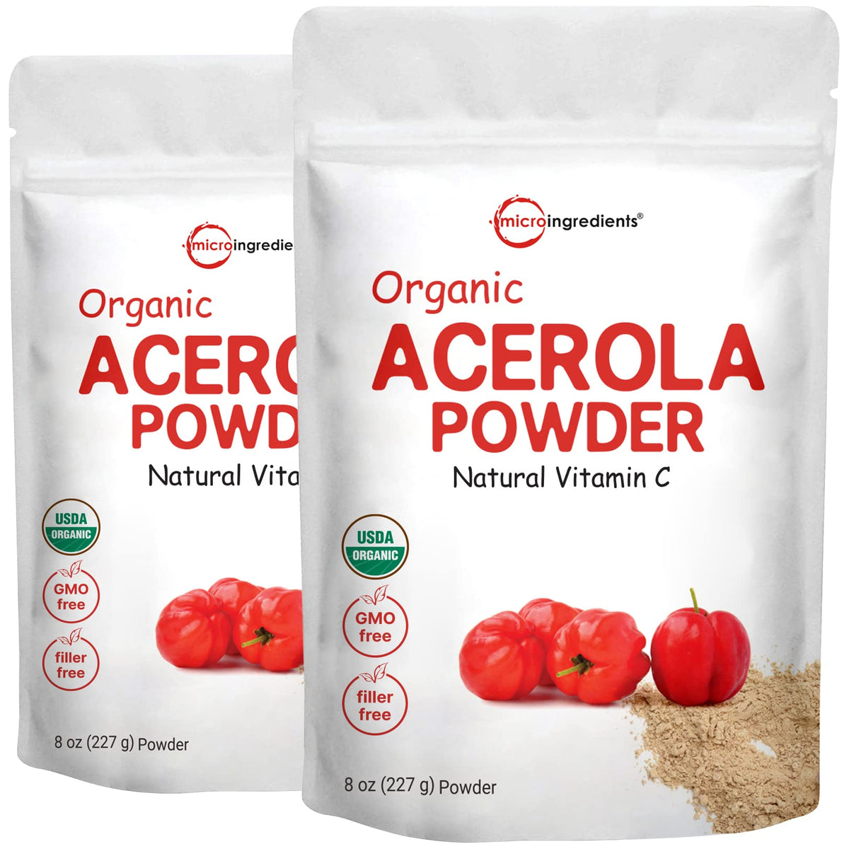 Micro Ingredients envase frontal de acerola orgánica mostrando etiqueta clara y beneficios