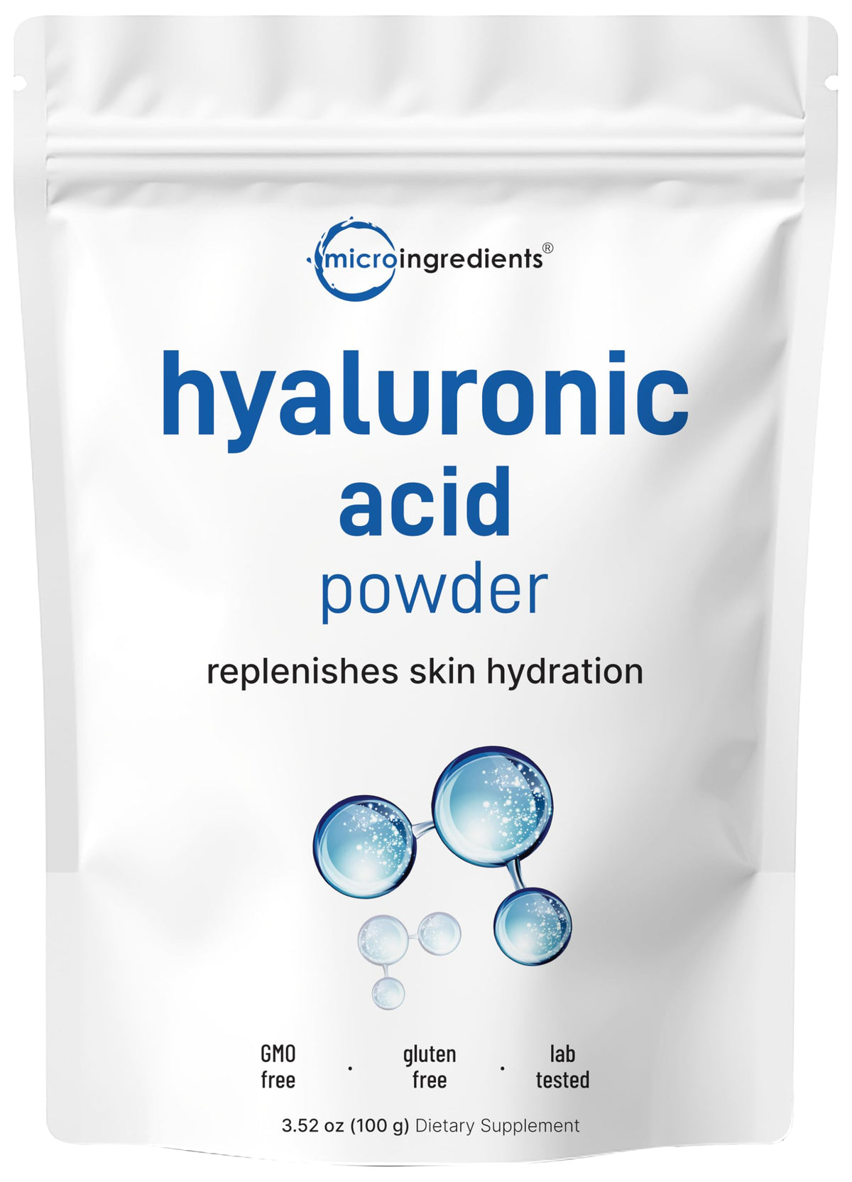 Micro Ingredients envase frontal del ácido hialurónico mostrando etiqueta y beneficio hidratante