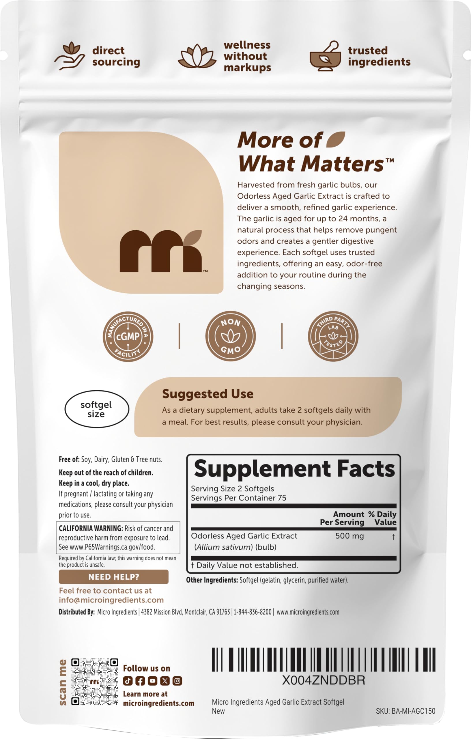 Micro Ingredients etiqueta con información de envejecimiento y pruebas de calidad