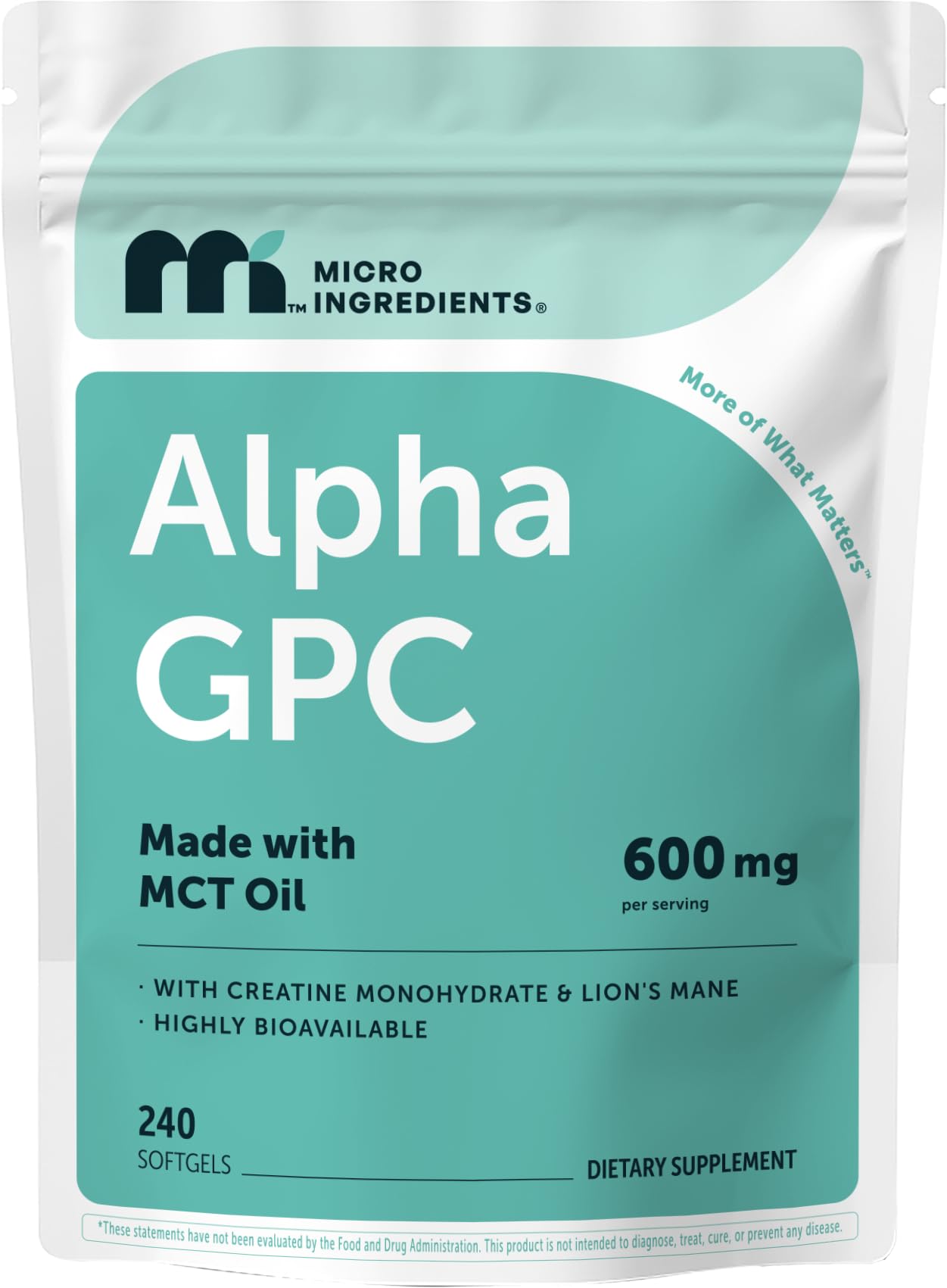 Micro Ingredients frasco frontal mostrando 240 softgels y beneficios claros
