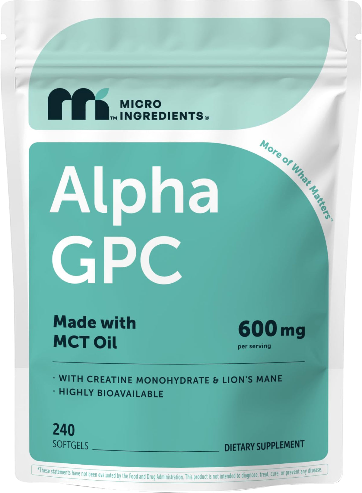 Micro Ingredients frasco frontal mostrando 240 softgels y beneficios claros