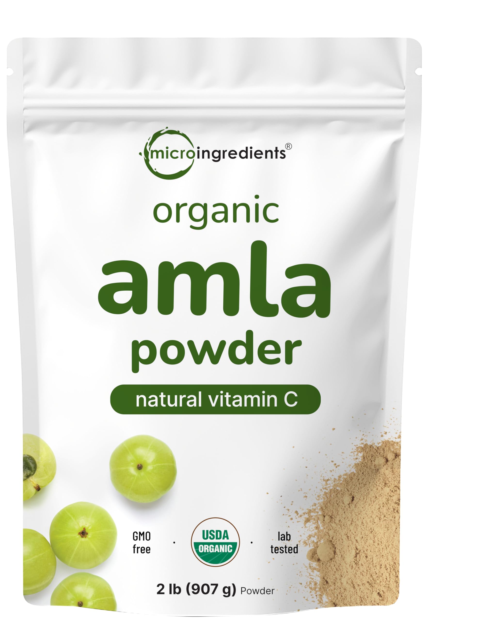 Micro Ingredients paquete frontal de amla orgánico mostrando presentación y beneficios