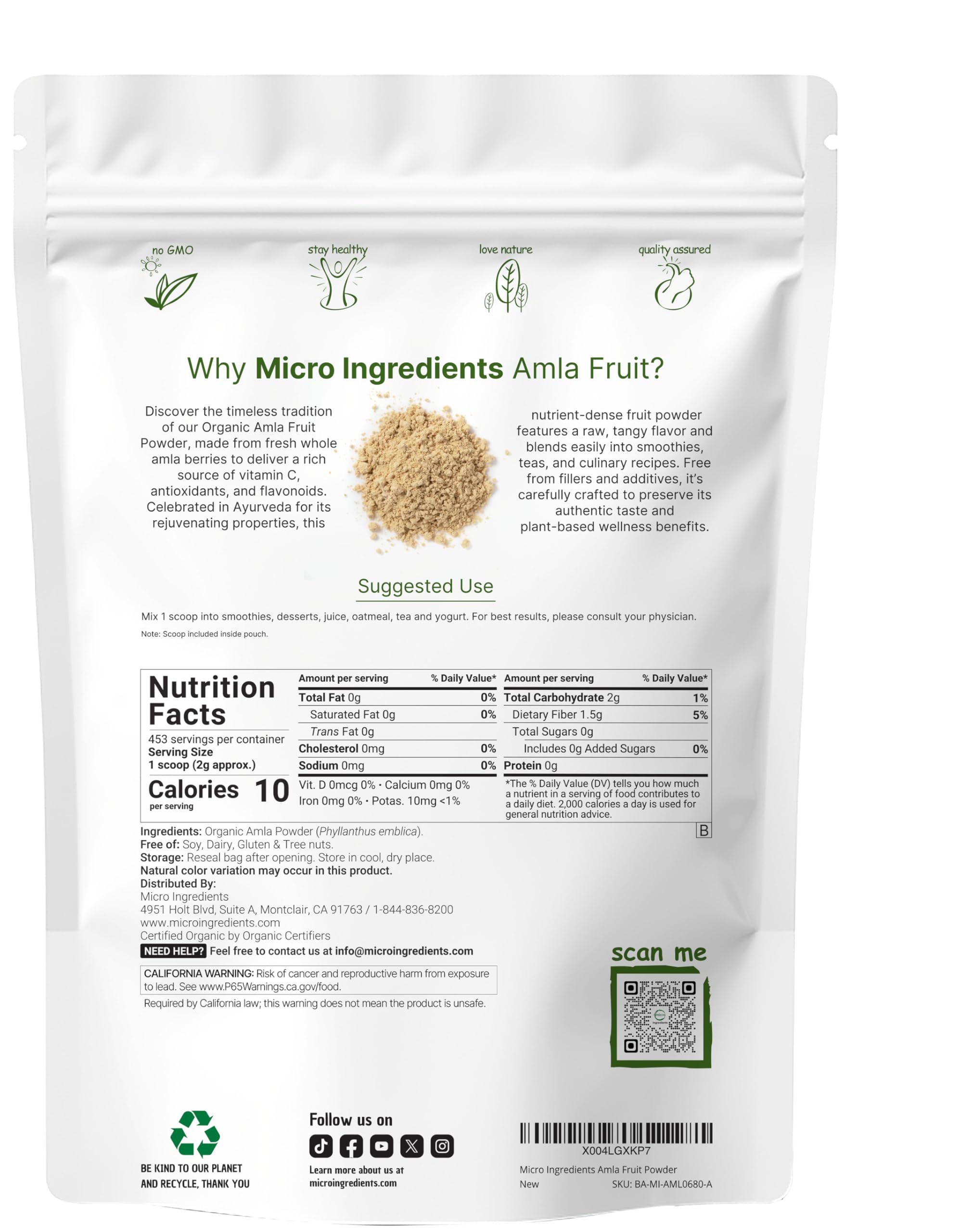 Micro Ingredients textura del polvo de amla destacando pureza y molienda fina