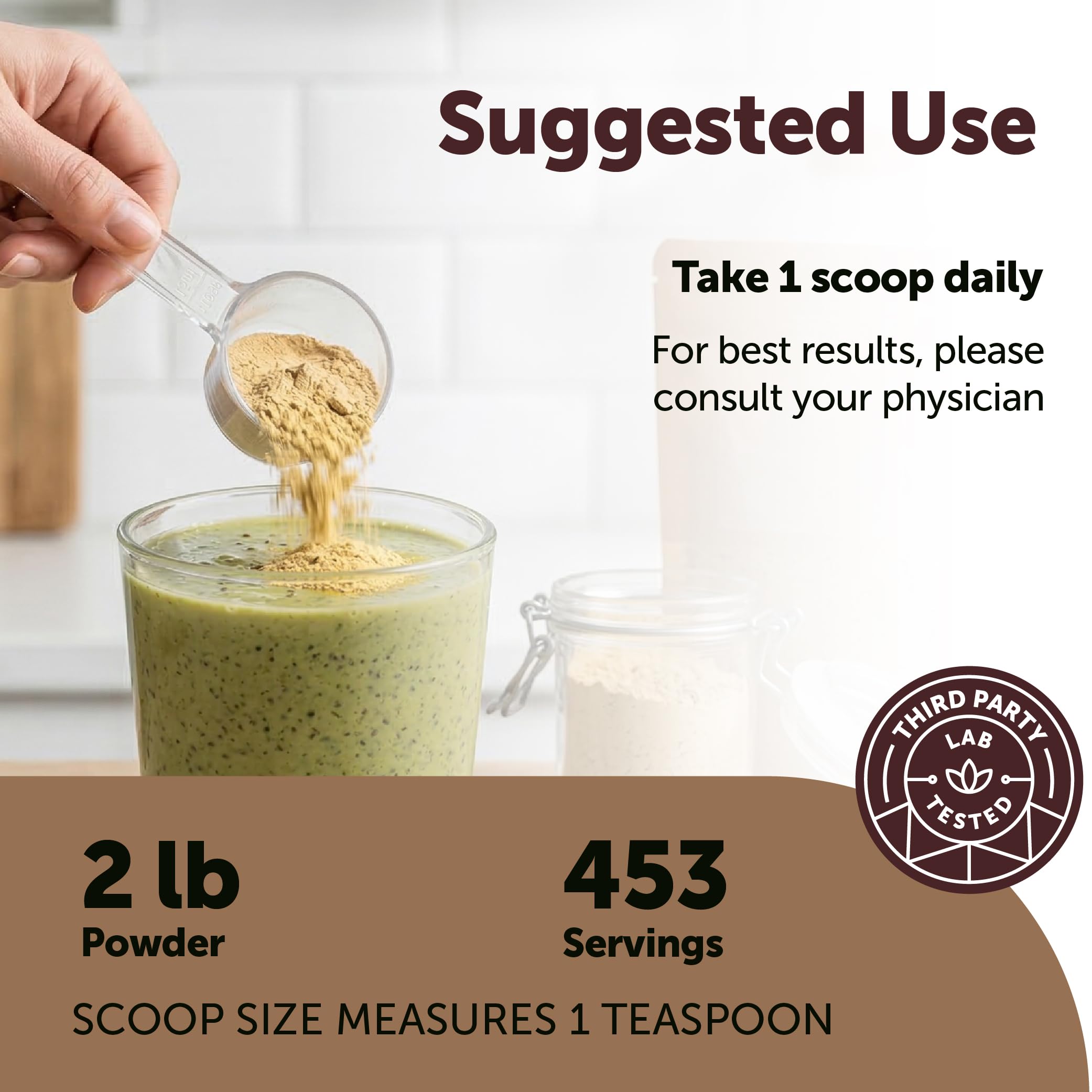 Micro Ingredients cucharada con porción de ashwagandha para referencia de servicio