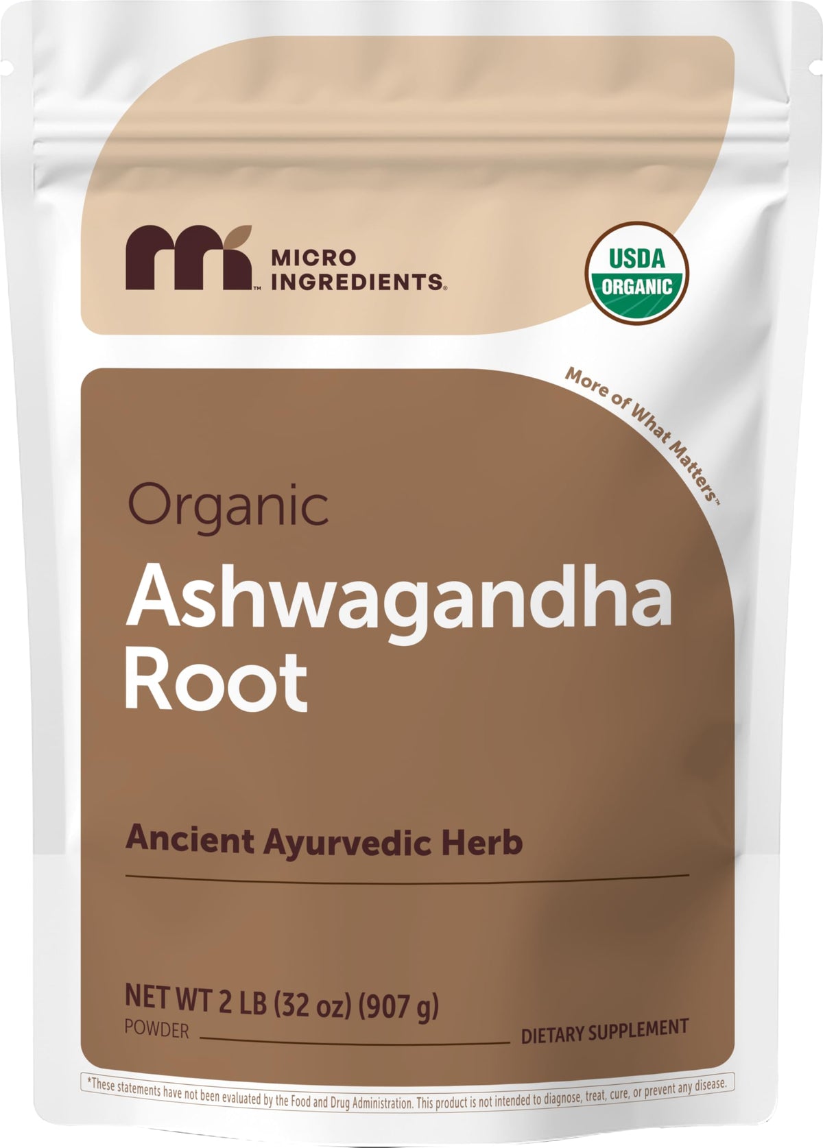 Micro Ingredients paquete frontal de ashwagandha mostrando la marca y cantidad