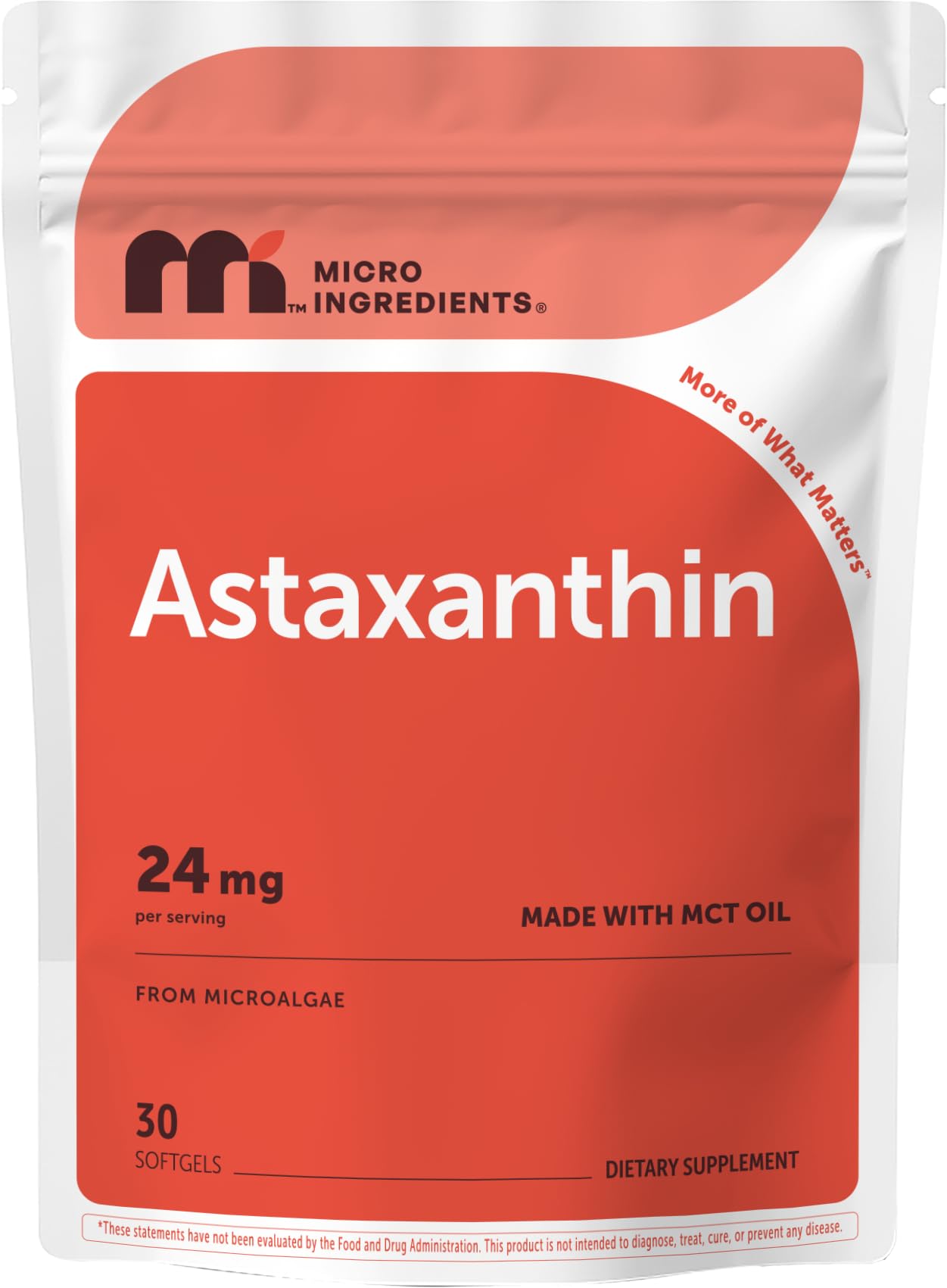 Micro Ingredients astaxanthin vista frontal y envase claro que muestra beneficios de pureza