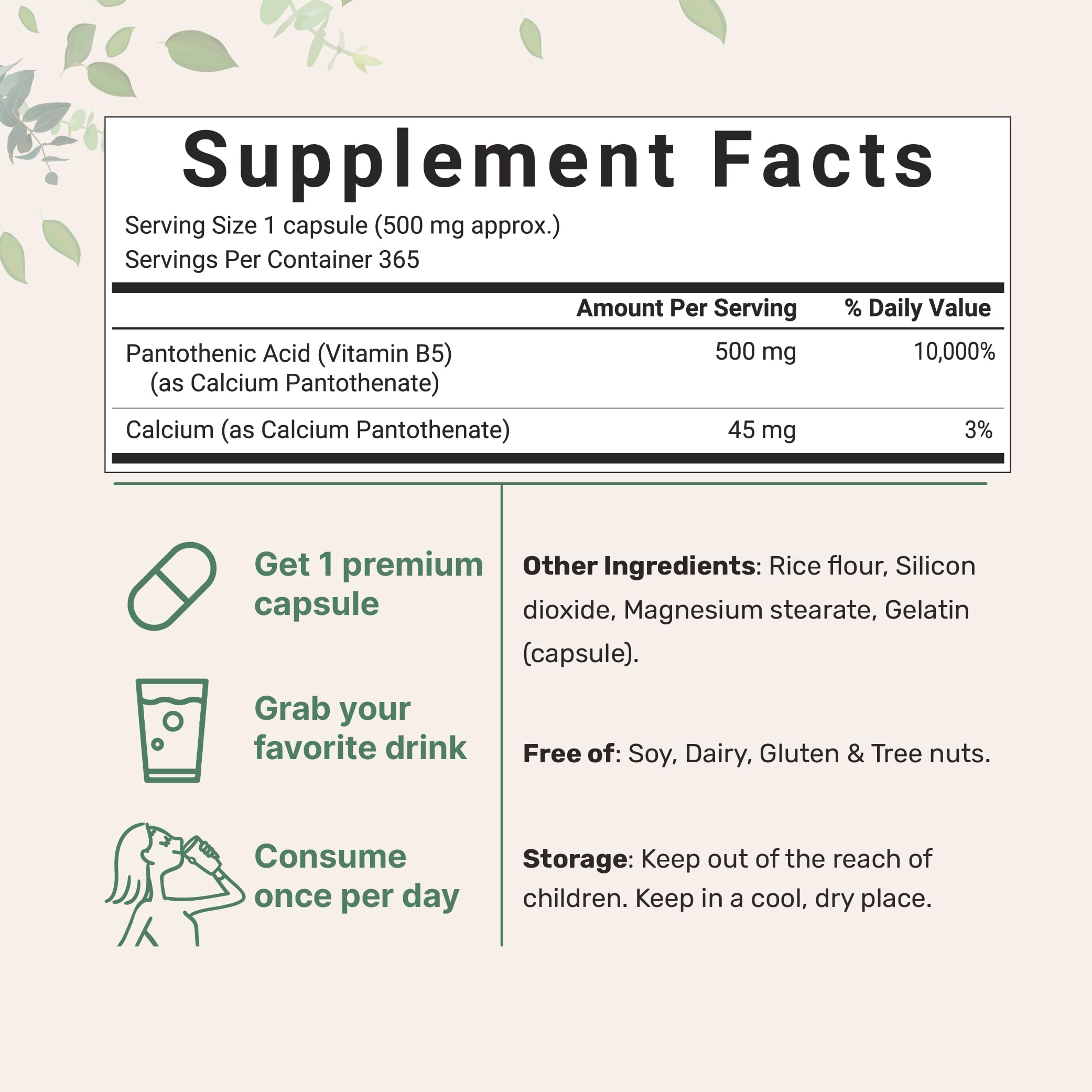 Micro Ingredients cápsula de vitamina B5 en primer plano que destaca la concentración de 500 mg