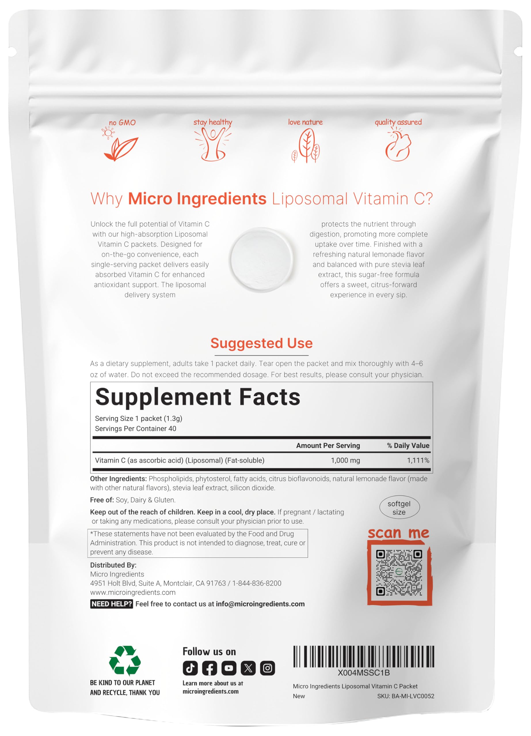 Micro Ingredients caja de 40 sobres destacando conveniencia para viajes