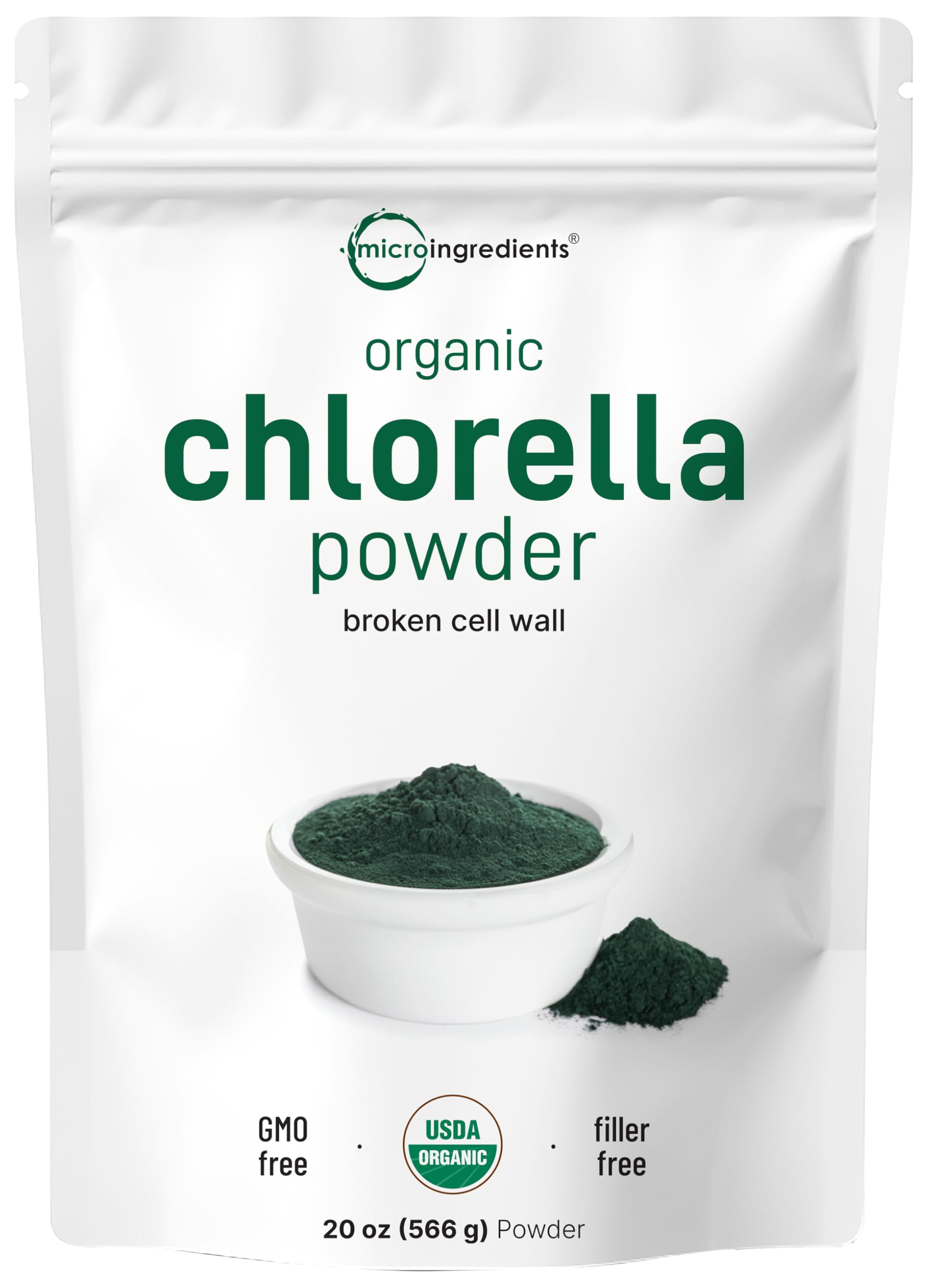 Micro Ingredients empaque frontal de chlorella orgánica muestra tamaño y sello beneficioso