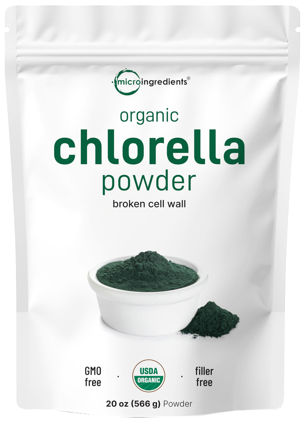 Micro Ingredients empaque frontal de chlorella orgánica muestra tamaño y sello beneficioso