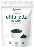 Micro Ingredients empaque frontal de chlorella orgánica muestra tamaño y sello beneficioso