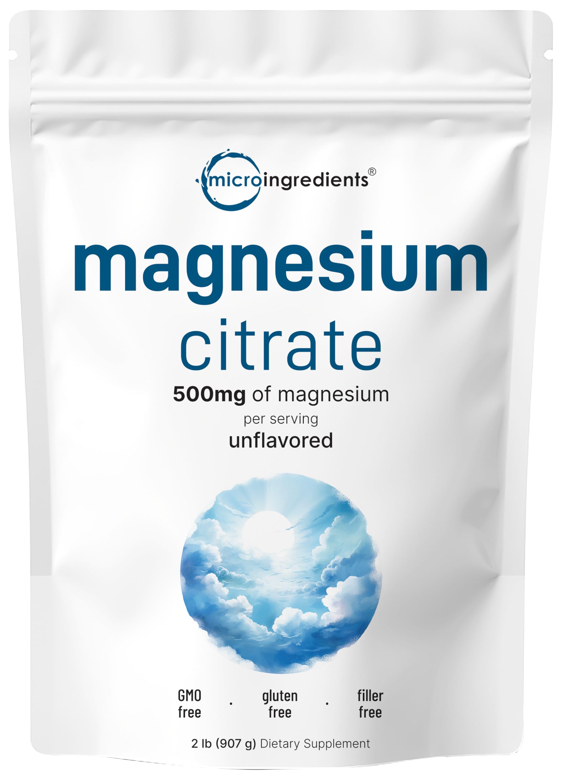 Micro Ingredients envase frontal de citrato de magnesio mostrando tamaño 2 lb