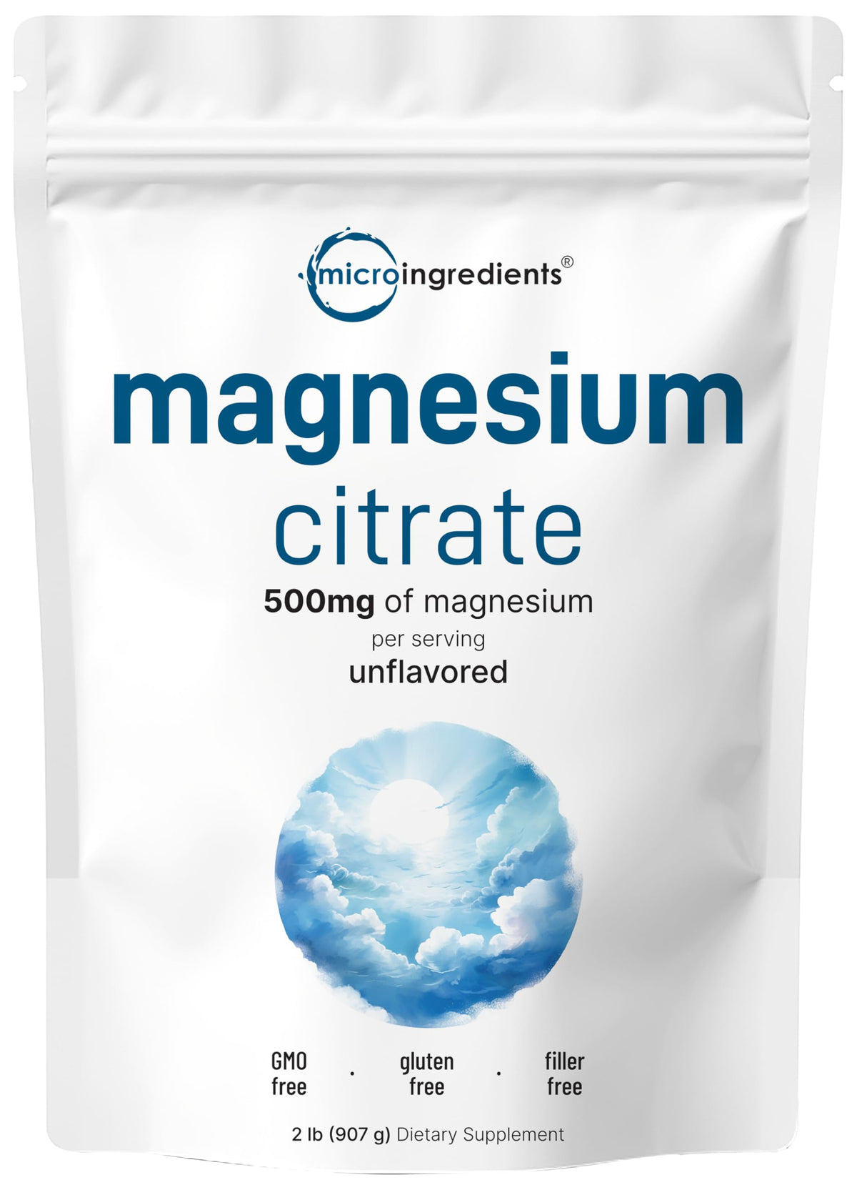 Micro Ingredients envase frontal de citrato de magnesio mostrando tamaño 2 lb
