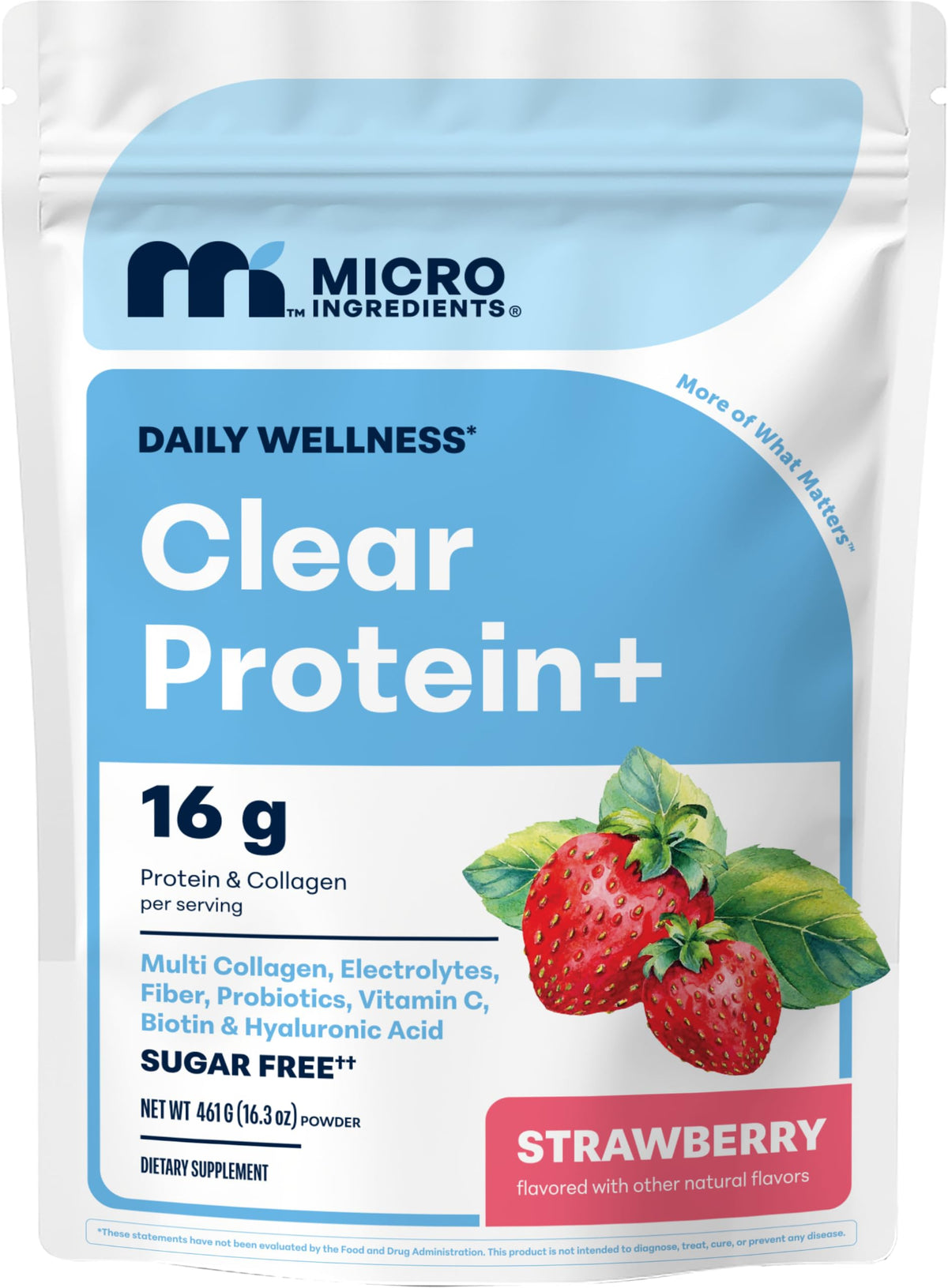 Micro Ingredients empaque frontal mostrando sabor fresa y beneficios