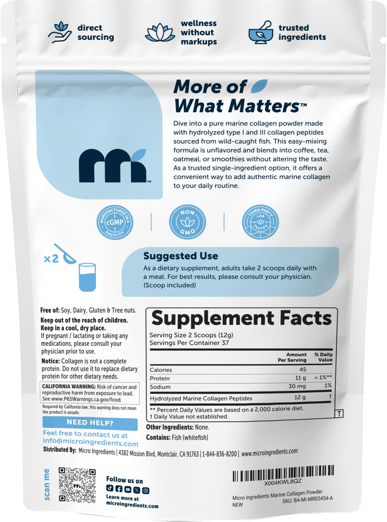 Micro Ingredients etiqueta con ingredientes y certificación non-GMO visible