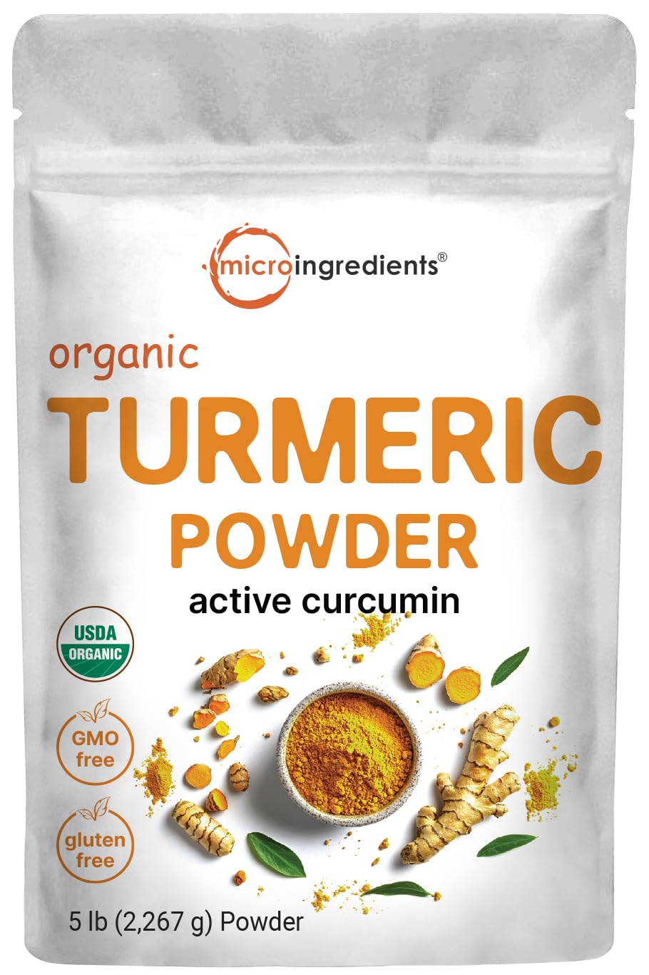 Micro Ingredients paquete frontal de cúrcuma orgánica mostrando tamaño y etiqueta