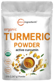Micro Ingredients paquete frontal de cúrcuma orgánica mostrando tamaño y etiqueta