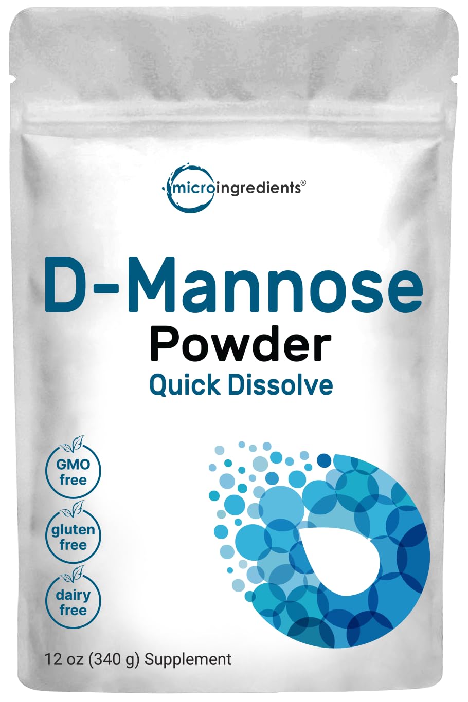 Micro Ingredients envase frontal de D‑mannosa mostrando etiqueta y beneficios