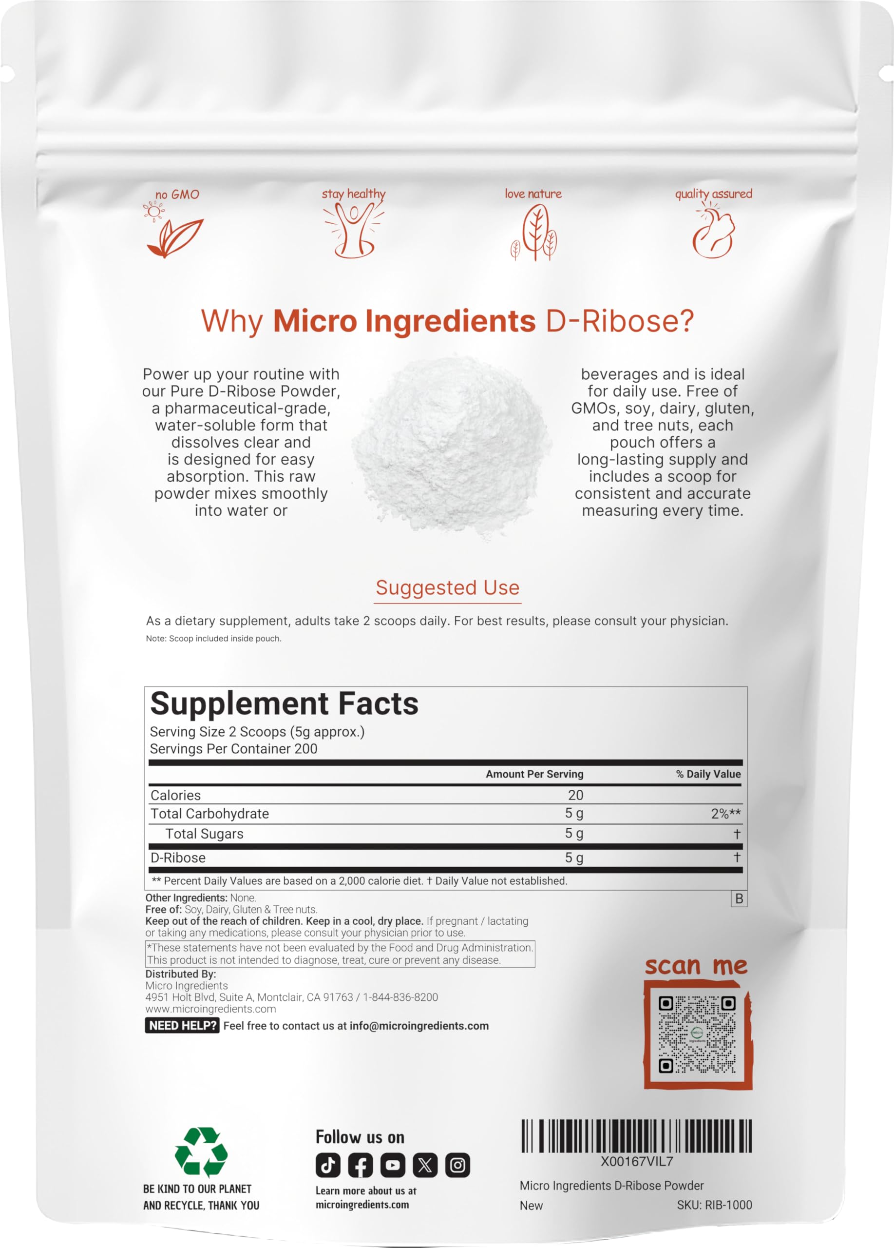 Micro Ingredients textura del polvo de D‑ribosa puro ideal para mezclas rápidas