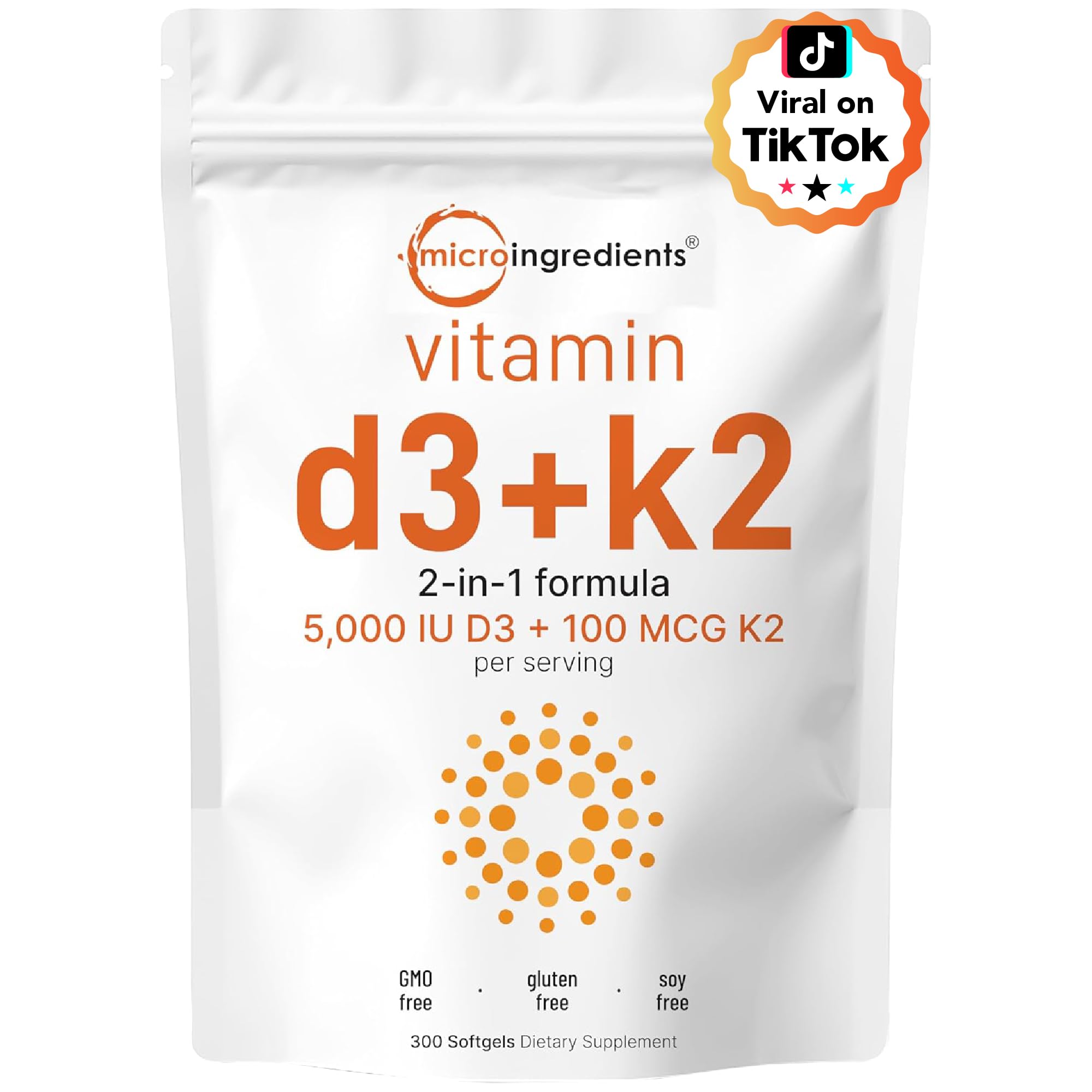 Micro Ingredients frasco frontal del suplemento D3 5000 IU K2 100 mcg, presentación clara
