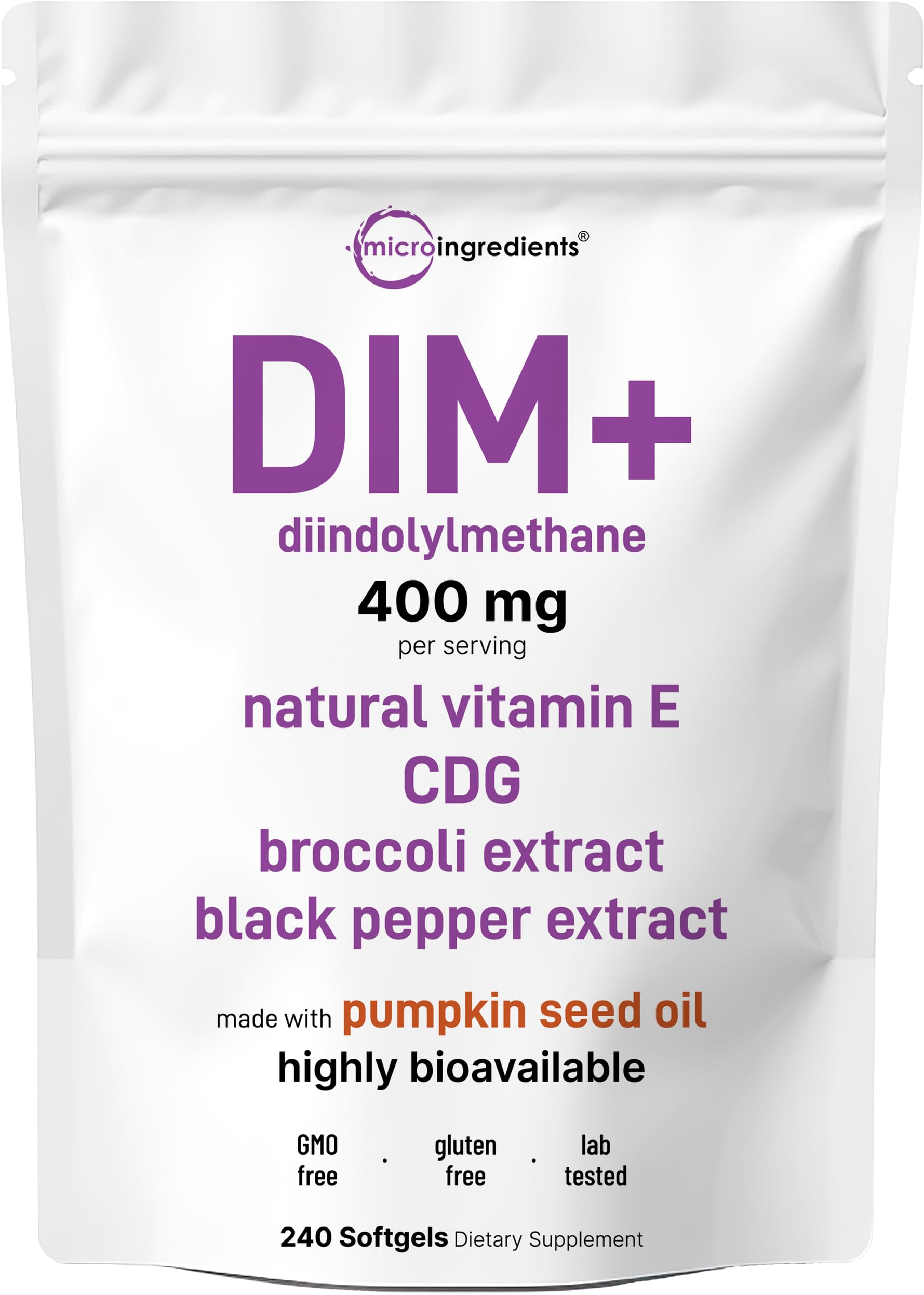 Micro Ingredients envase frontal del DIM+ mostrando cantidad y formato