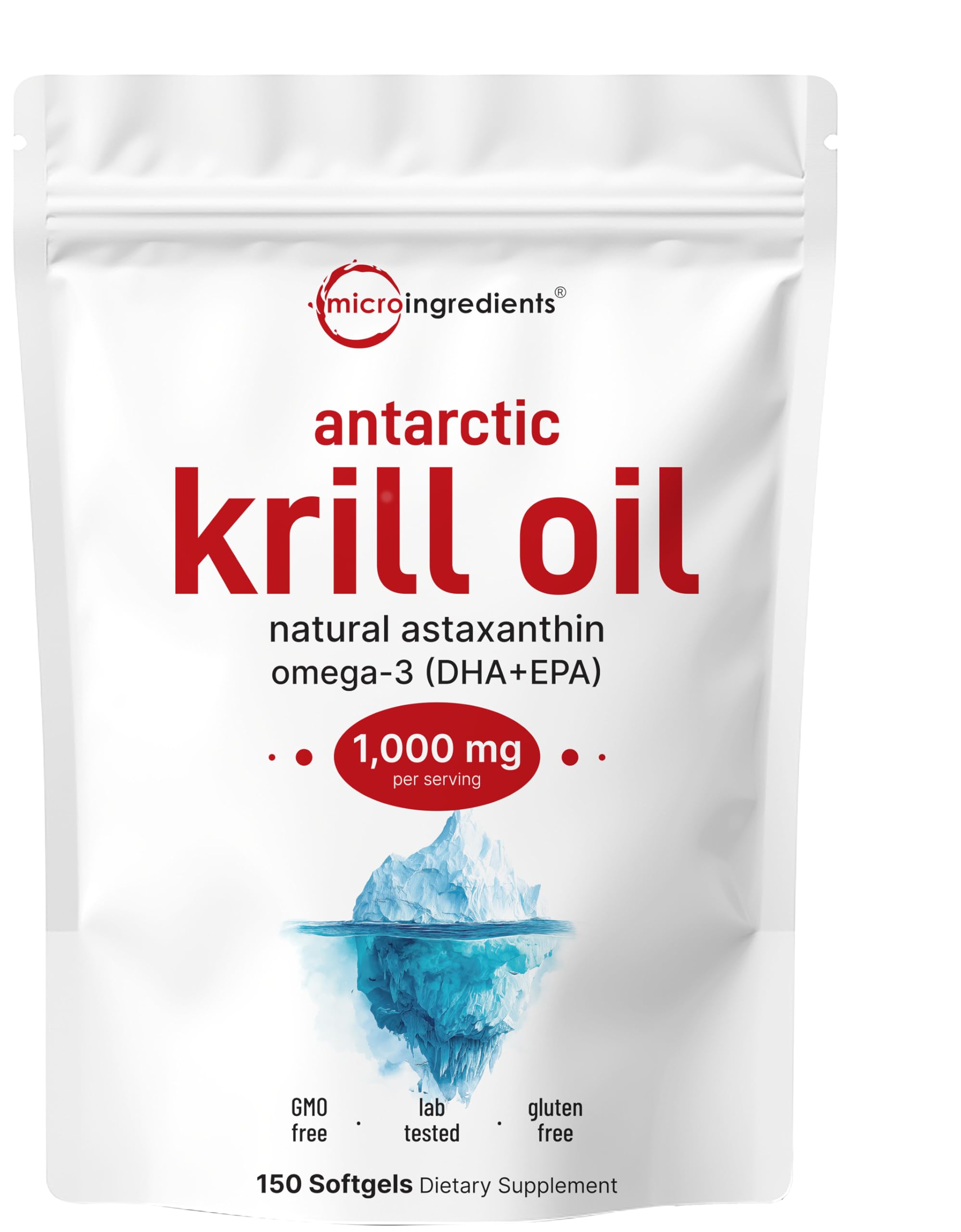 Micro Ingredients envase frontal de krill con información clara y origen antártico