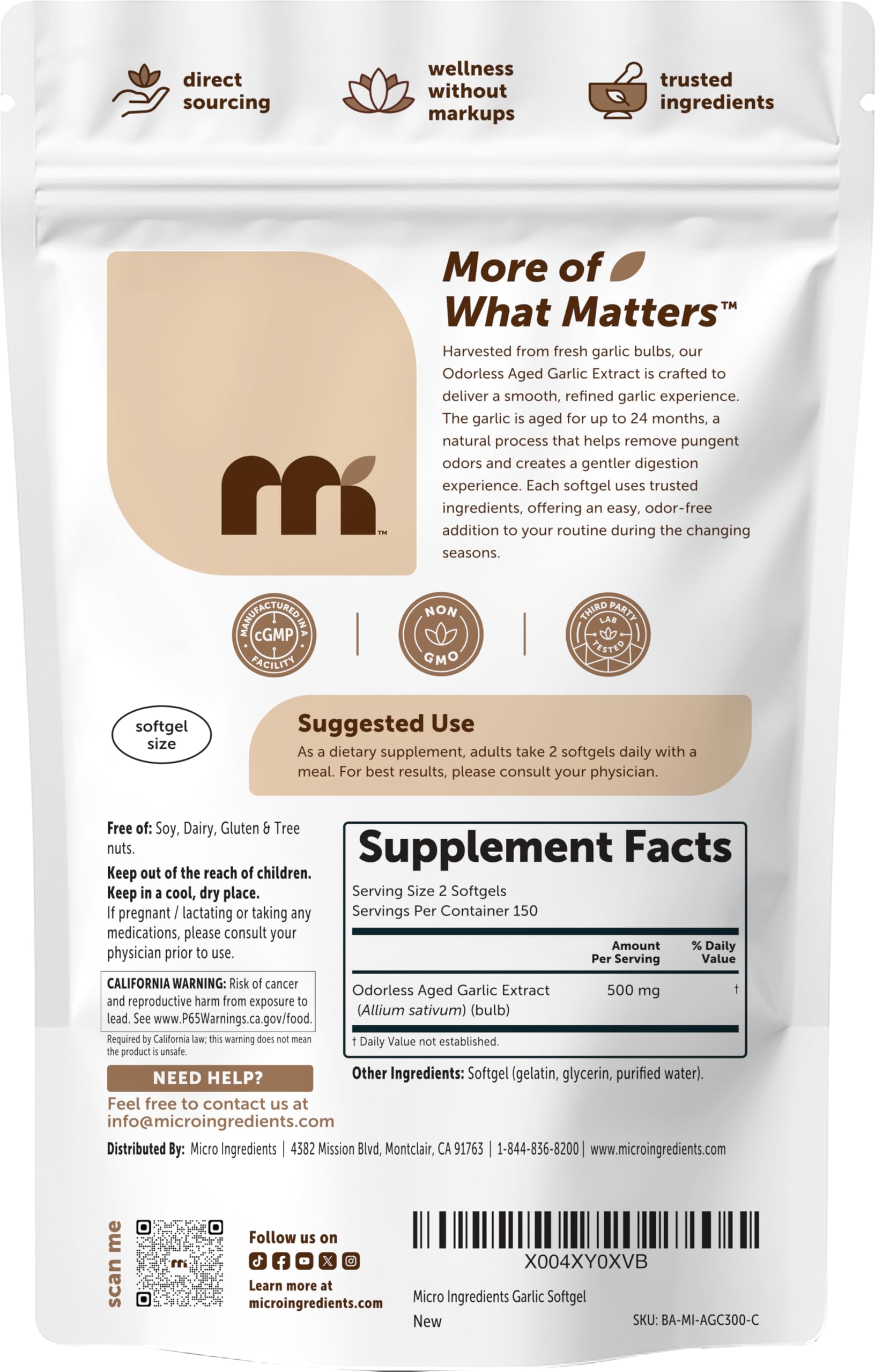 Micro Ingredients etiqueta con información nutricional y detalles de pureza