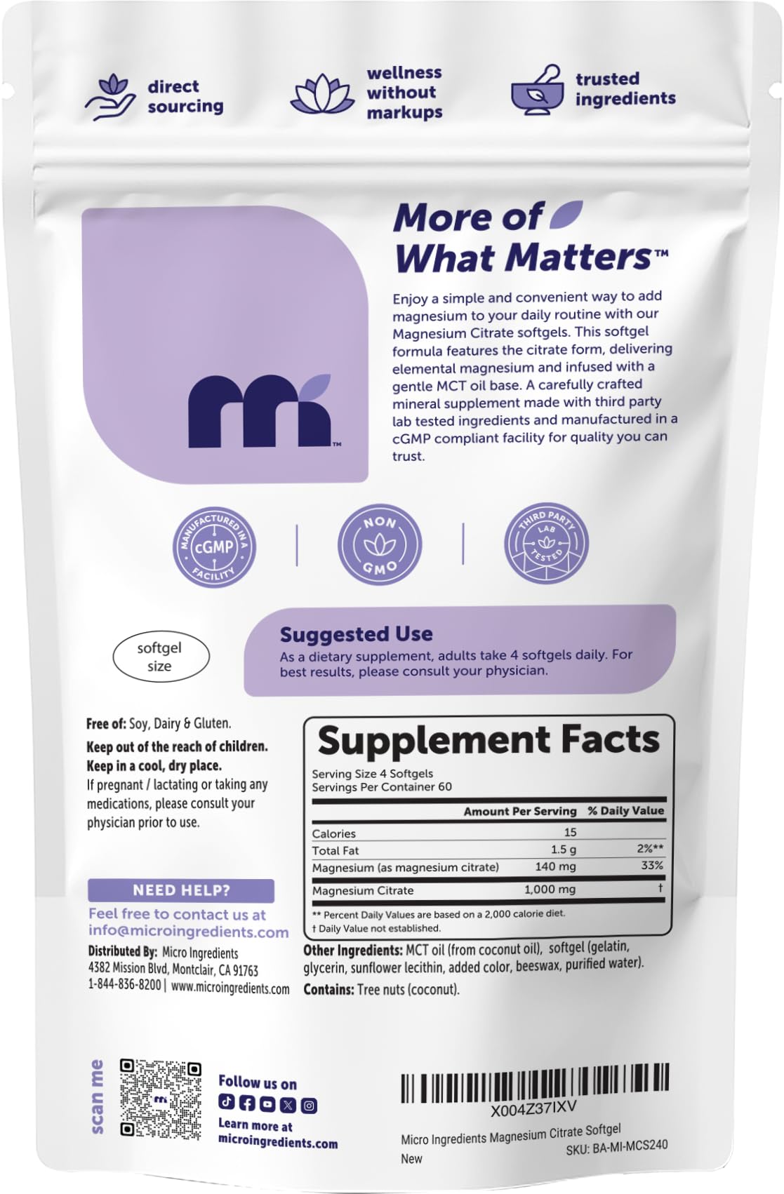 Micro Ingredients etiqueta legible con información nutricional y cumplimiento cGMP