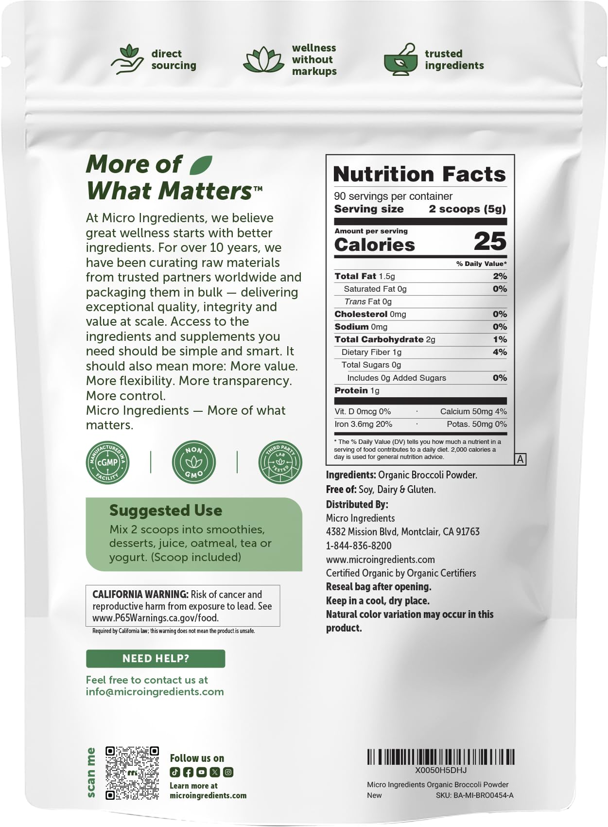 Micro Ingredients etiqueta con certificaciones orgánicas y Non-GMO visibles