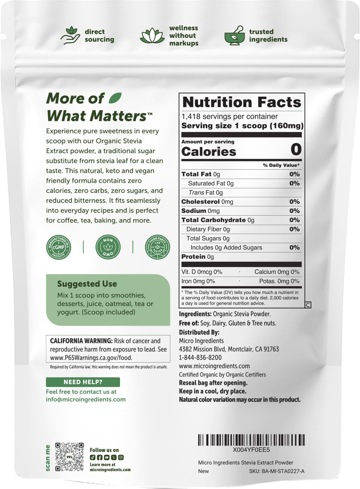 Micro Ingredients etiqueta con información de ingredientes y sin aditivos