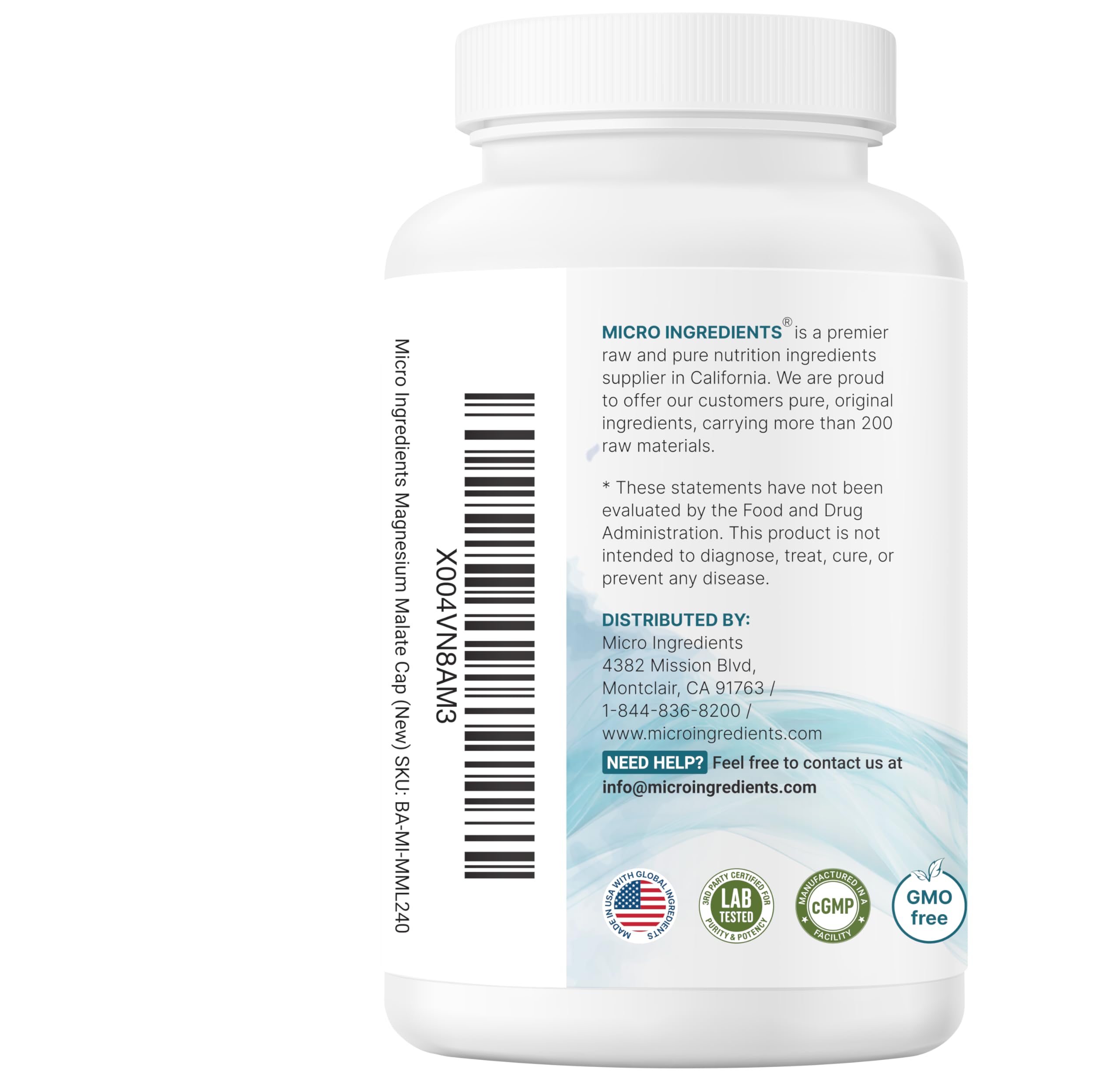 Micro Ingredients frasco abierto con cápsulas destacando cantidad por envase