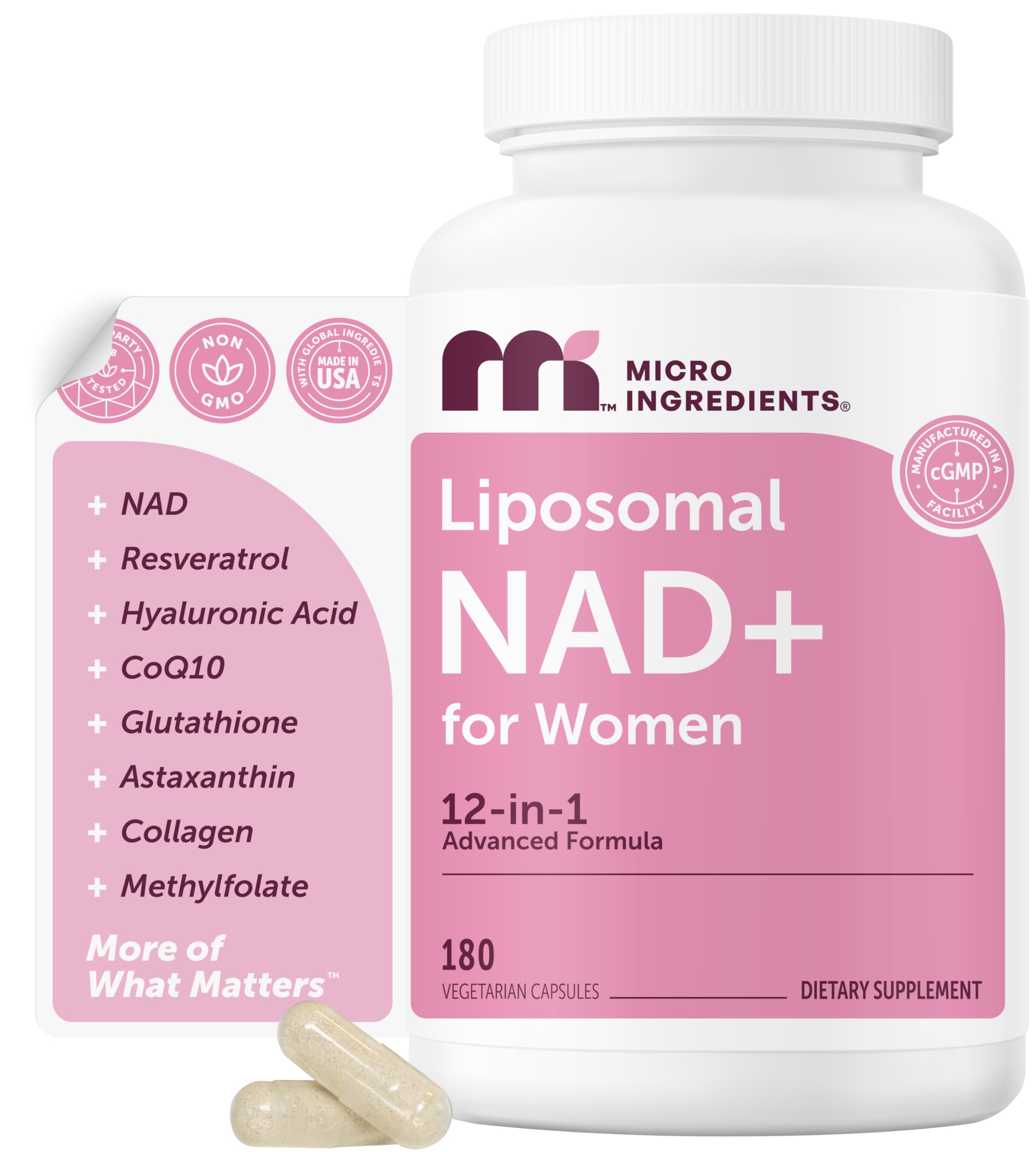 Micro Ingredients frasco delante mostrando 180 cápsulas vegetales y beneficio de conveniencia