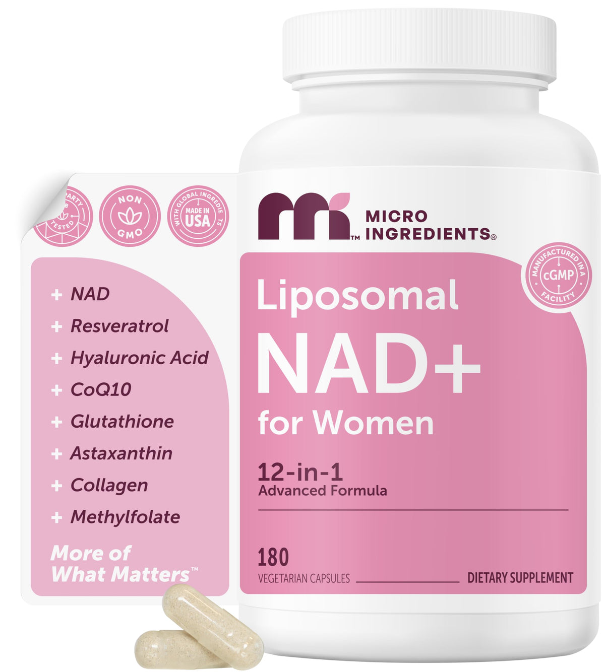 Micro Ingredients frasco delante mostrando 180 cápsulas vegetales y beneficio de conveniencia