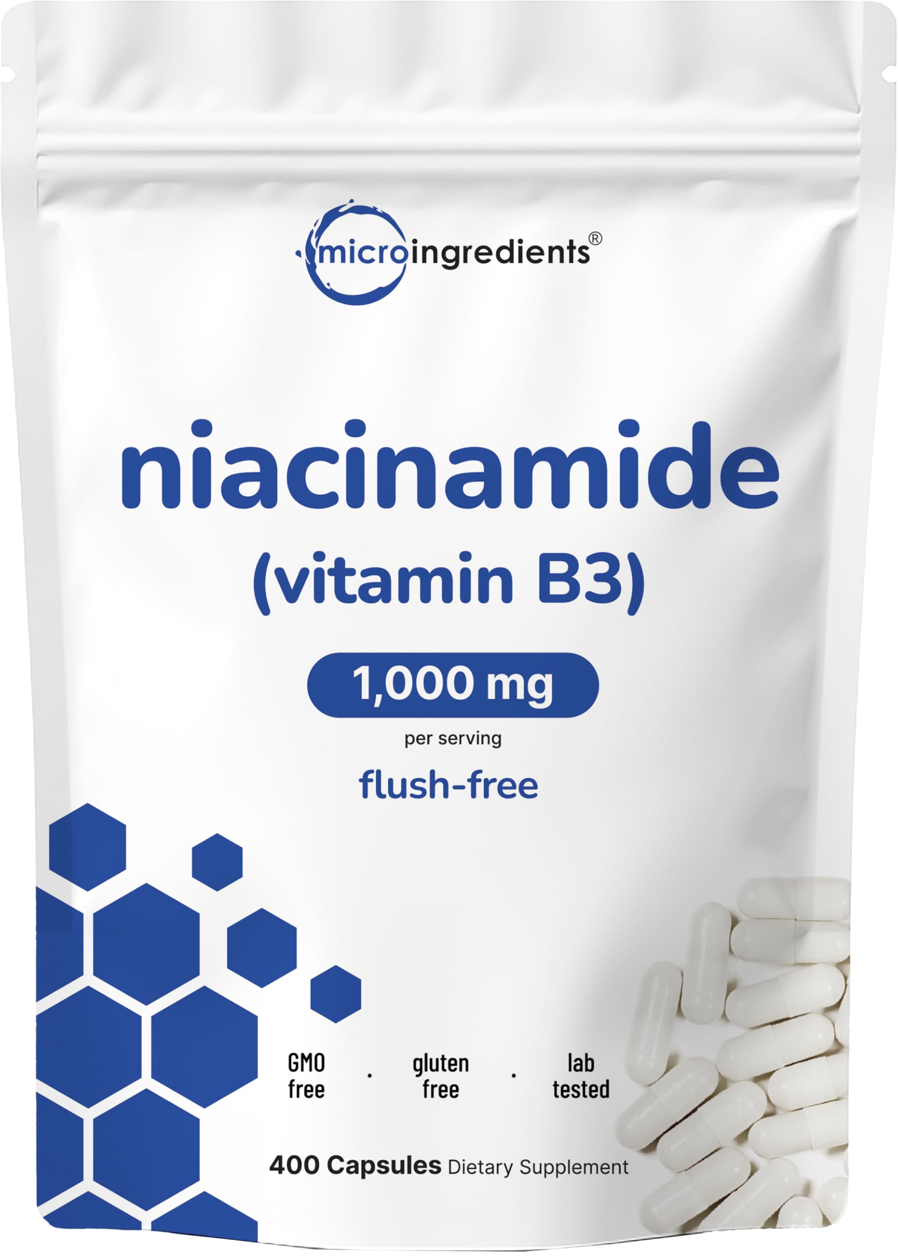 Micro Ingredients frasco frontal del suplemento niacinamida mostrando etiqueta clara