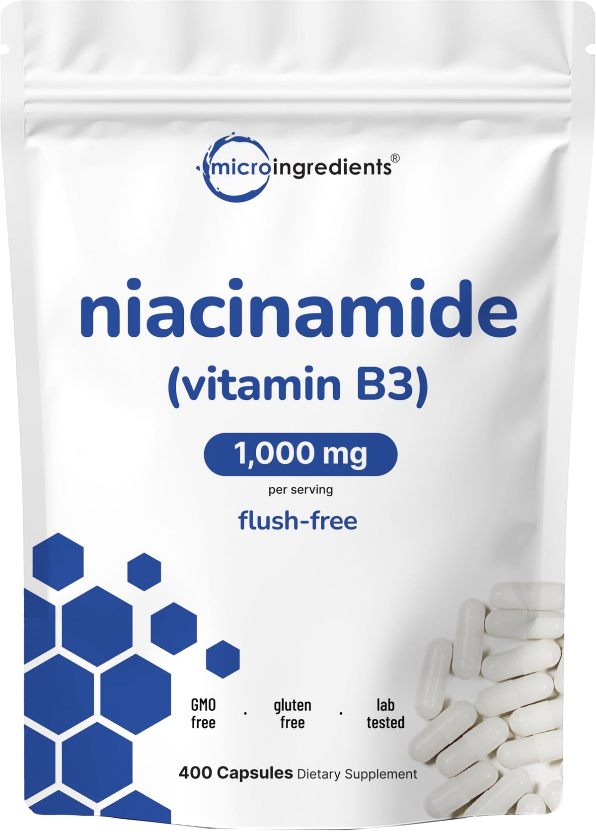 Micro Ingredients frasco frontal del suplemento niacinamida mostrando etiqueta clara