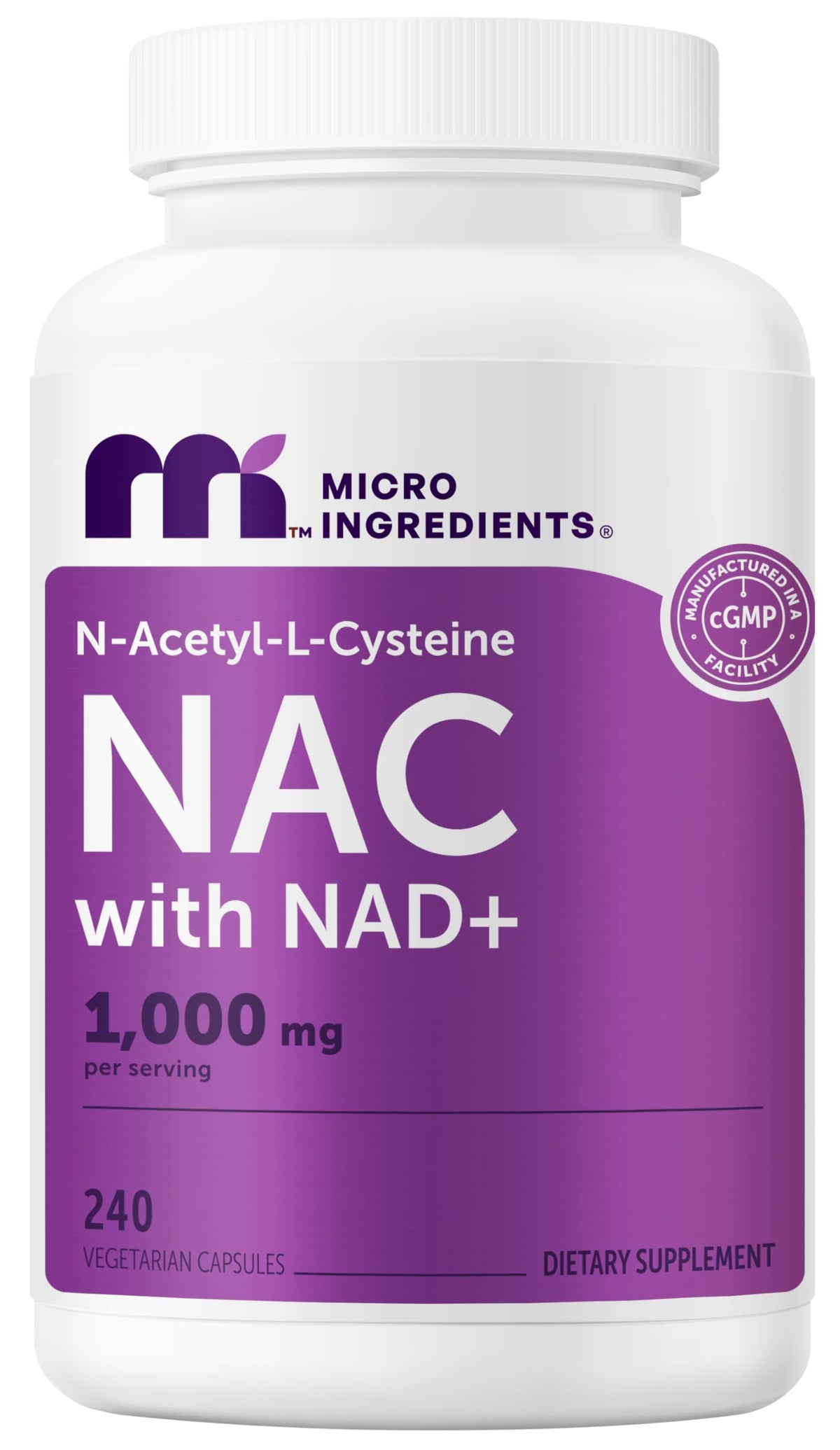 Micro Ingredients frasco frontal mostrando etiqueta y beneficio de dosis clara