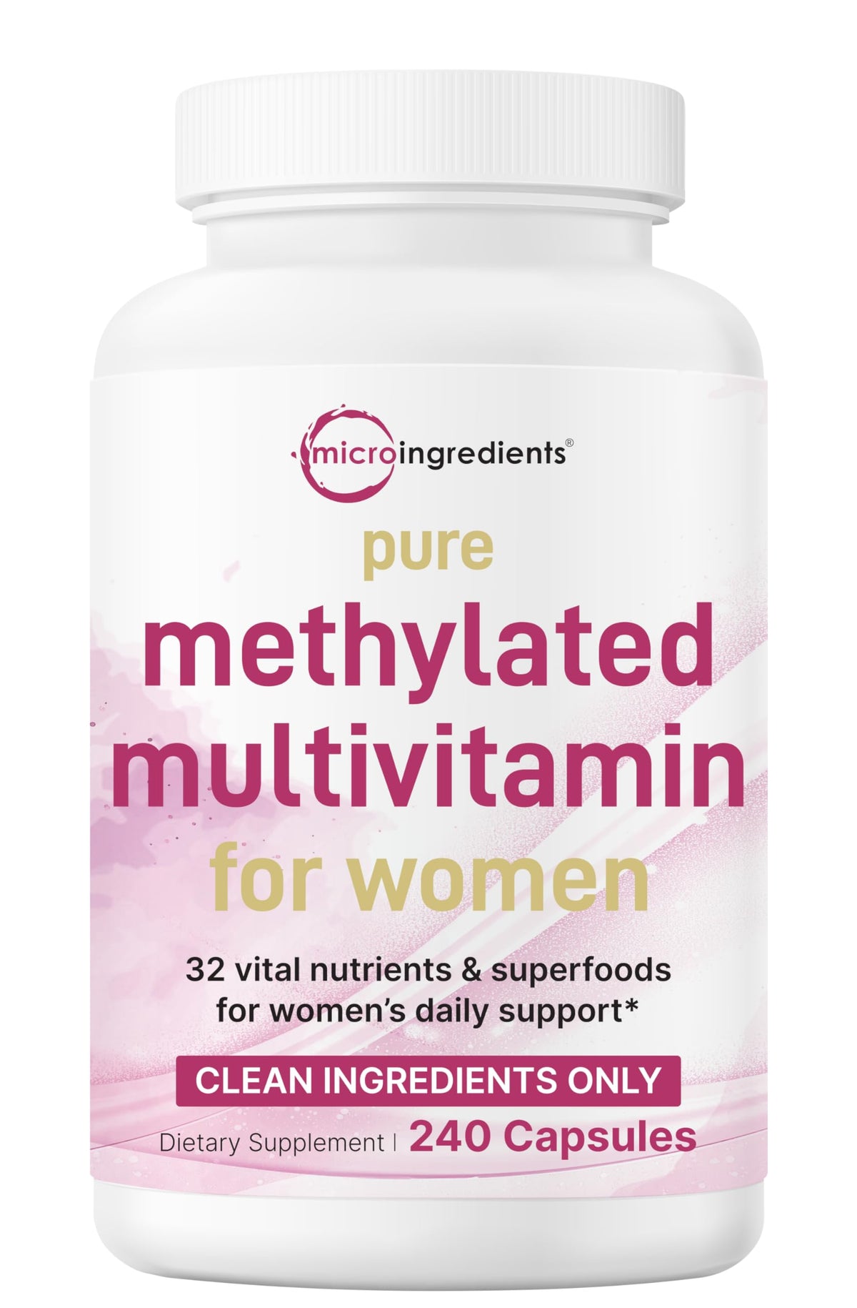 Micro Ingredients frasco frontal del multivitamínico para mujer, presentación clara y sin rellenos