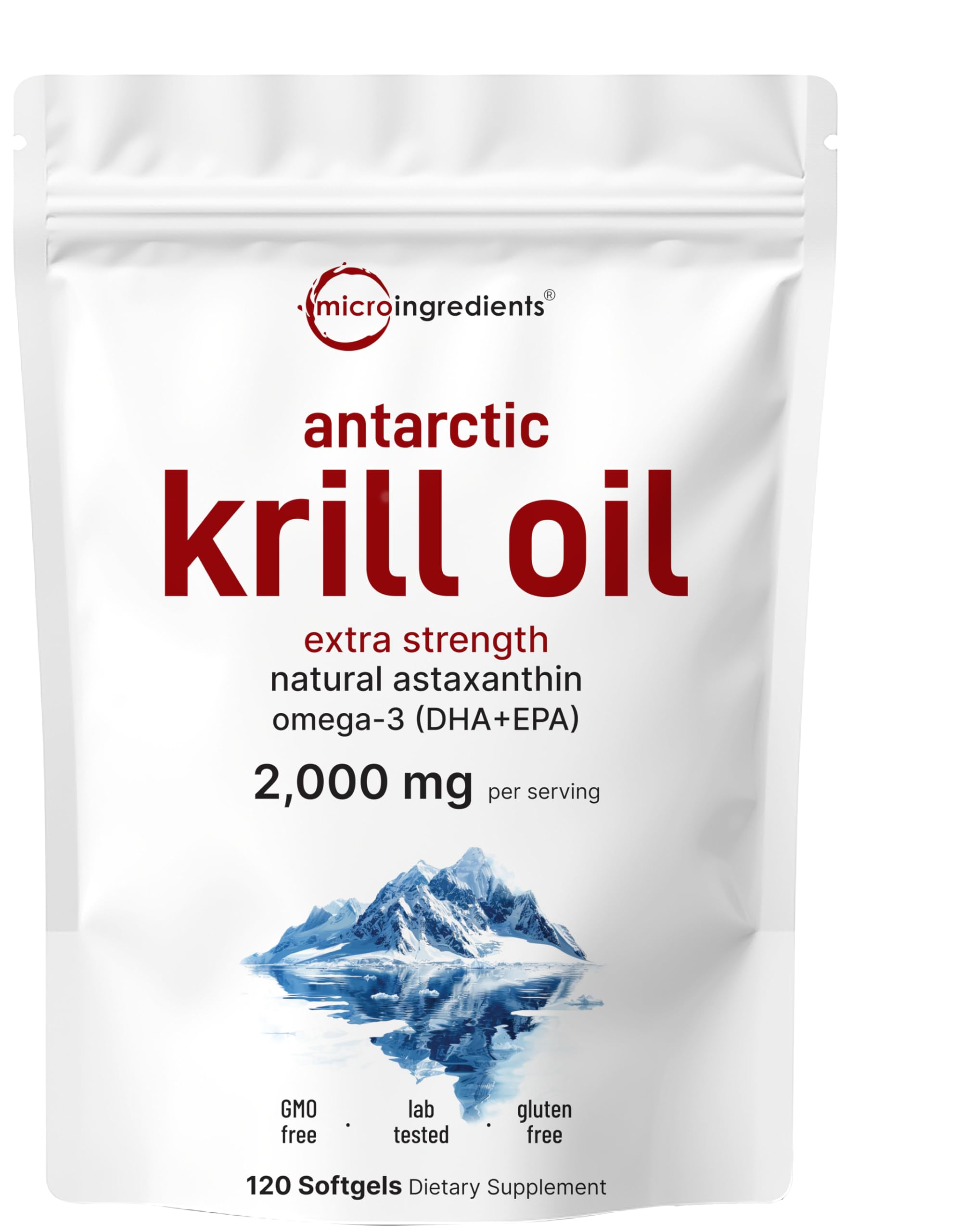Micro Ingredients frasco de aceite de krill antártico mostrando etiqueta clara y beneficios