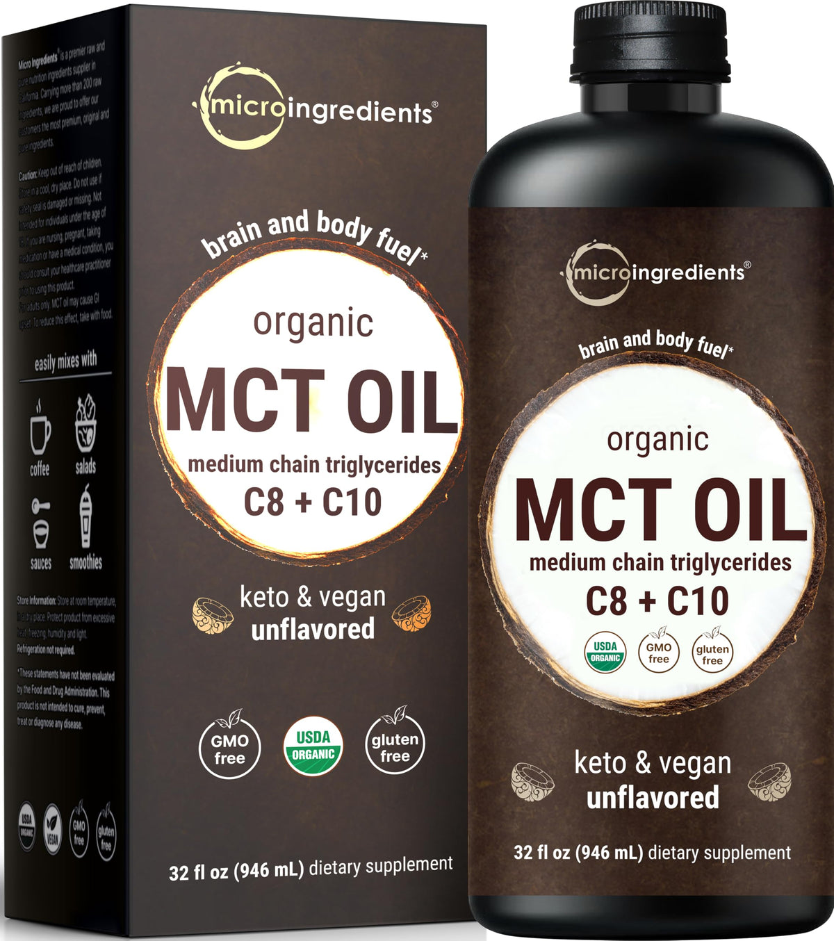 Micro Ingredients botella frontal mostrando etiqueta orgánica y tamaño