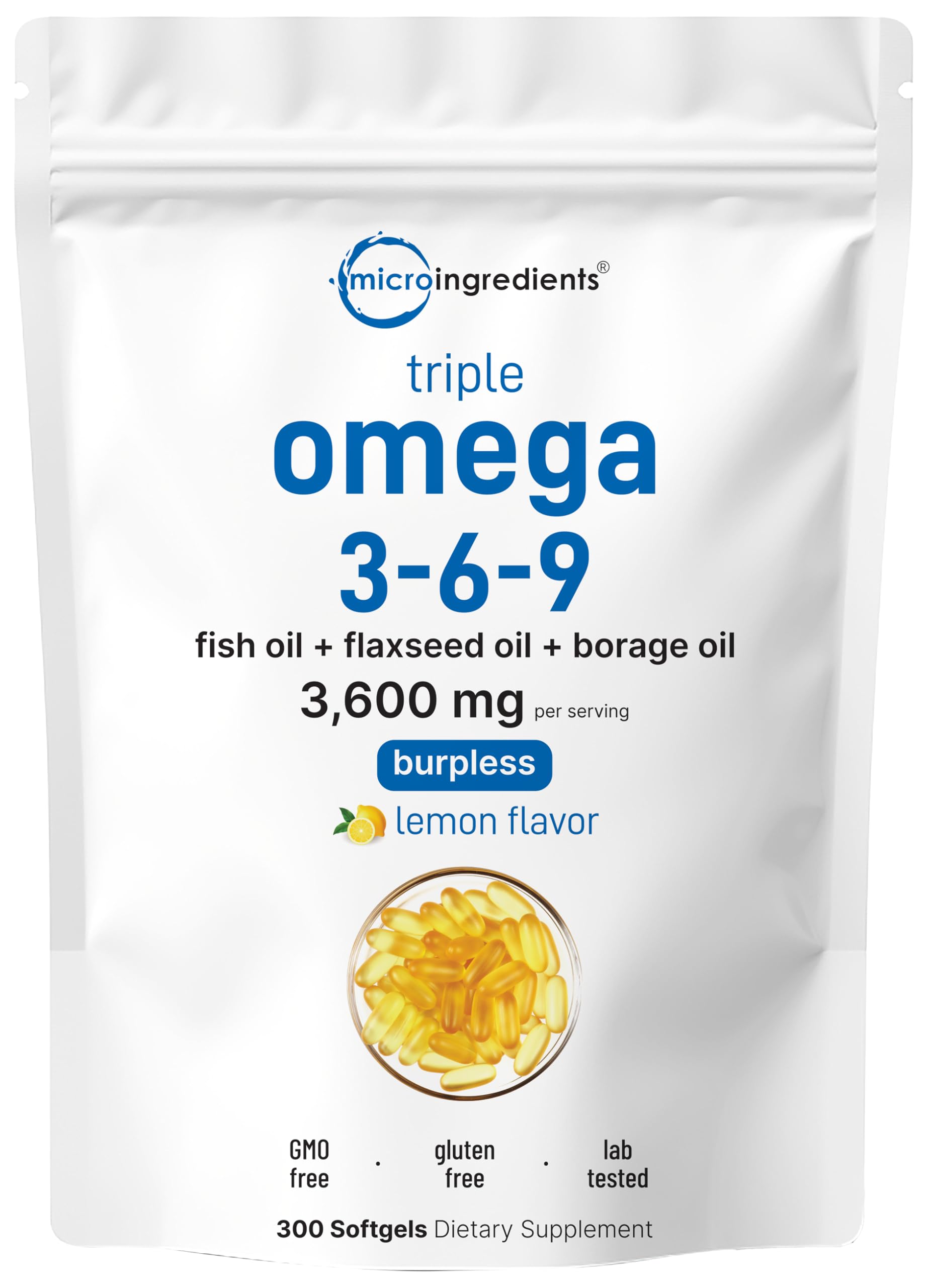Micro Ingredients frente del empaque mostrando 300 softgels y beneficios claros