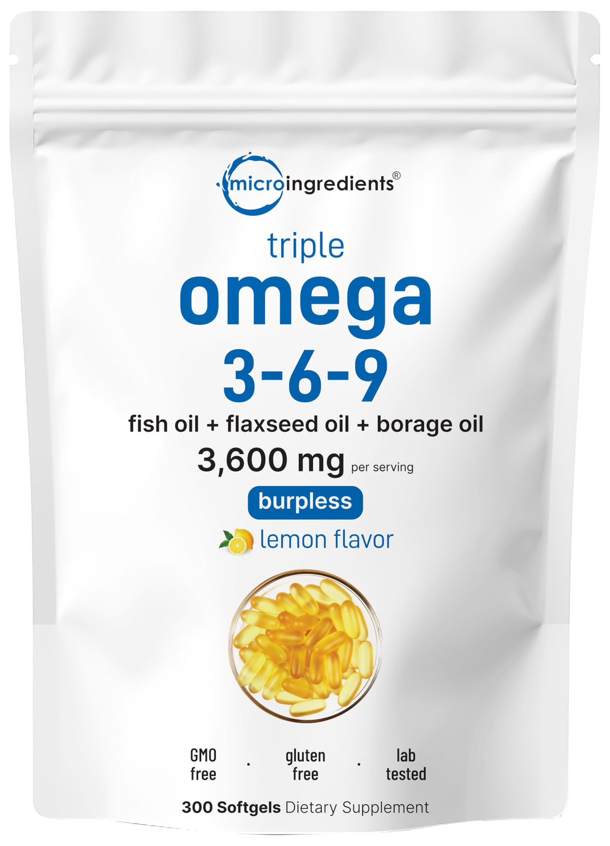 Micro Ingredients frente del empaque mostrando 300 softgels y beneficios claros